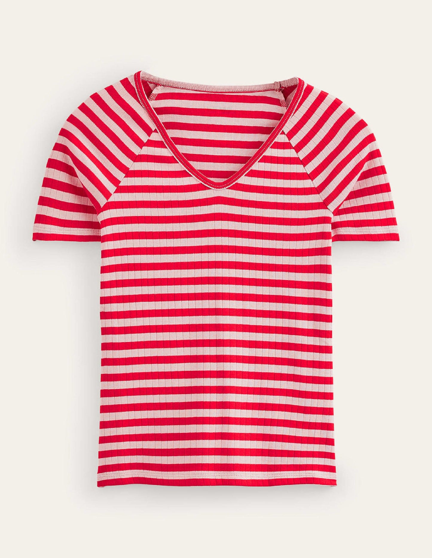 Anna Rib V-Neck T-Shirt-Peach Skin, Hot Pepper Stripe