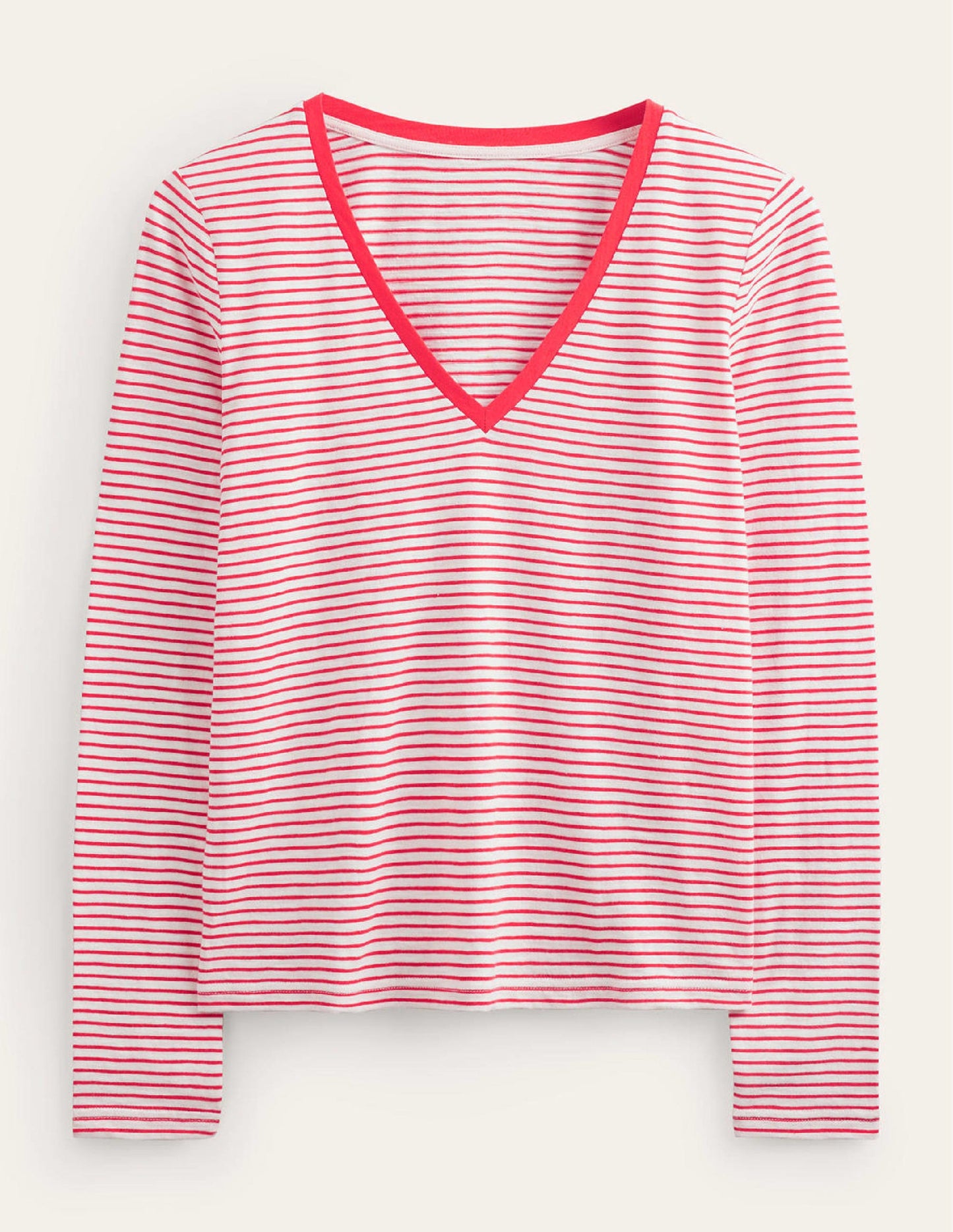 Cotton V-Neck Long Sleeve Top-Ivory, Red