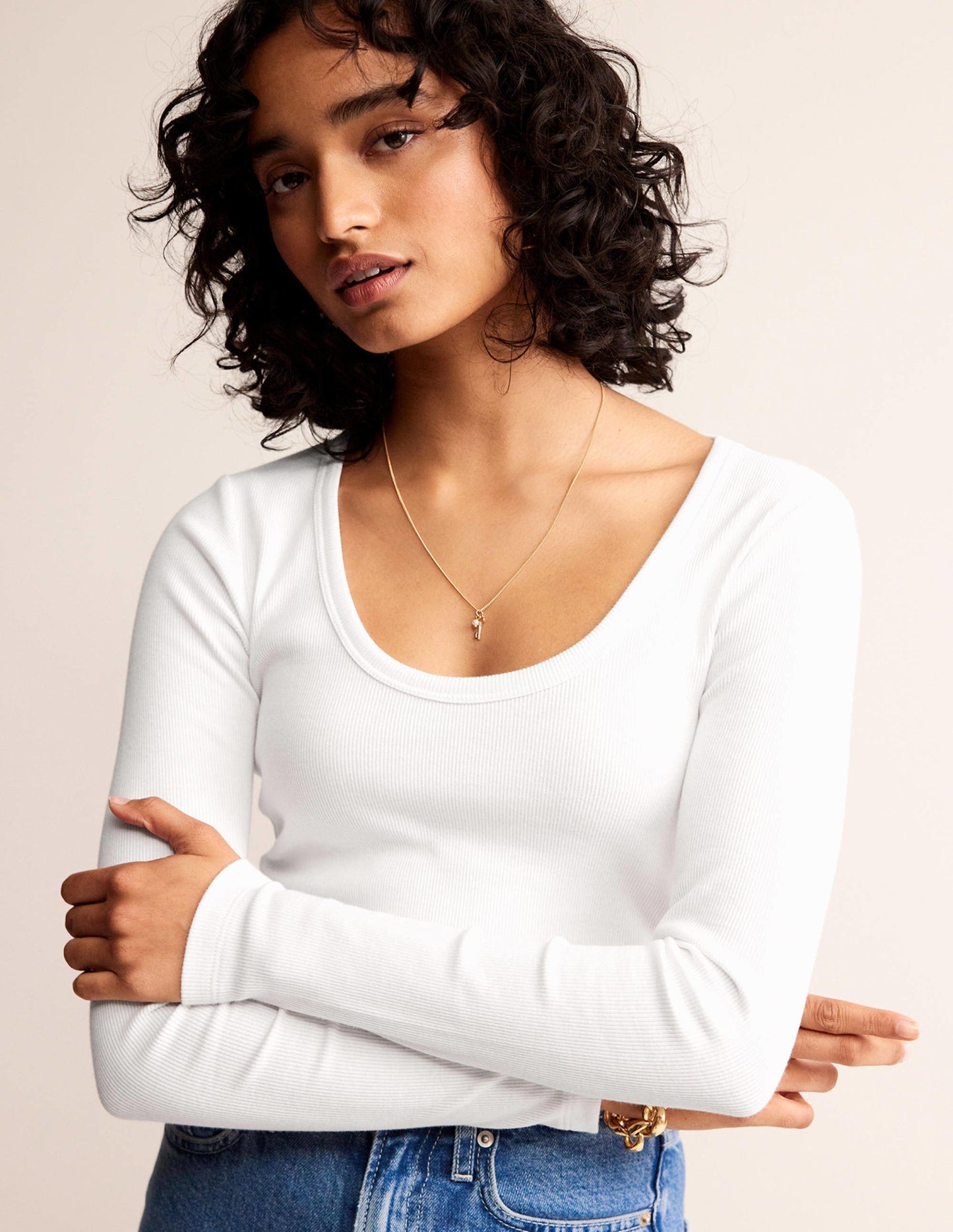 Cotton Rib Scoop Neck Top-White