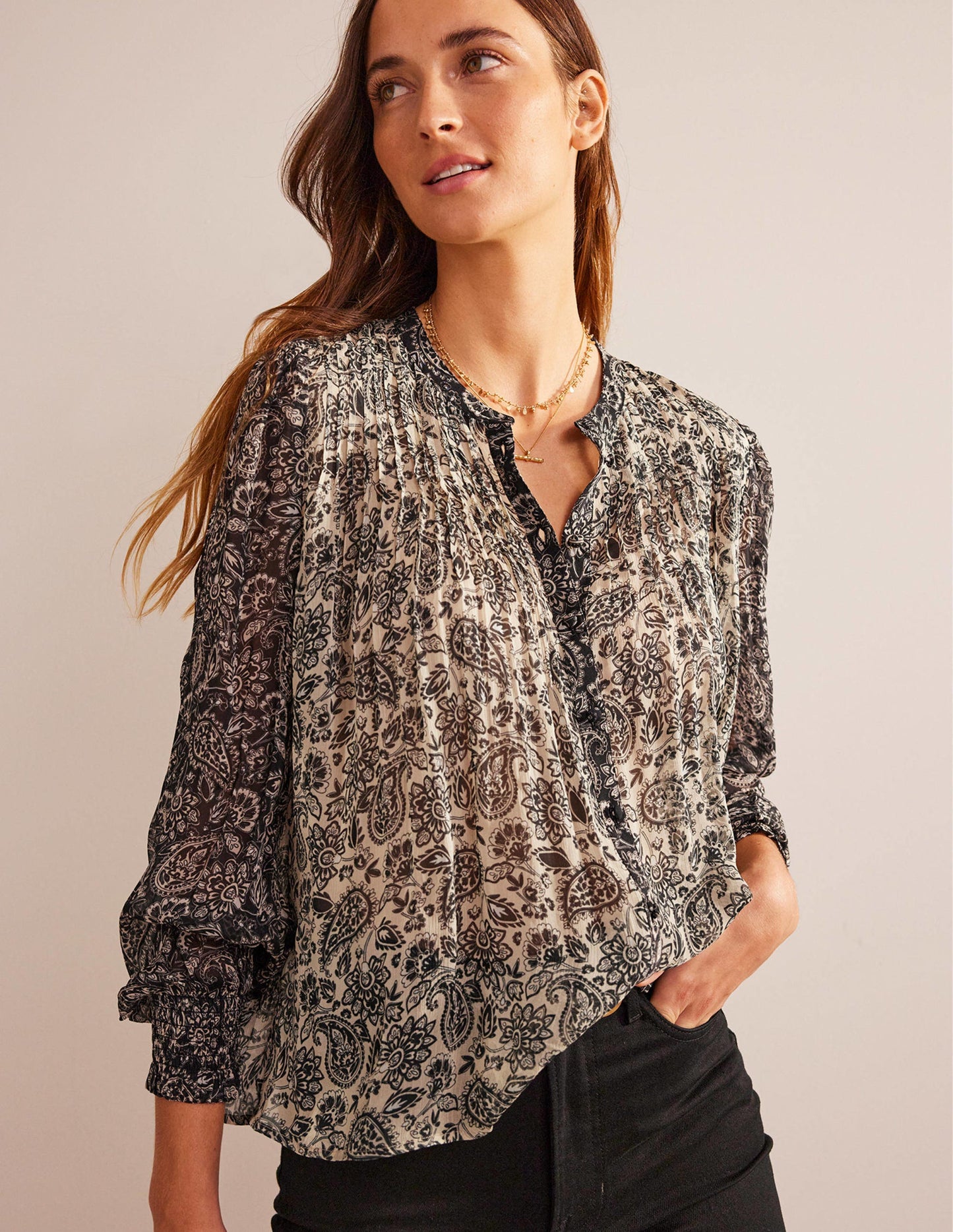 Isla Remix Pintuck Blouse-Black, Paisley