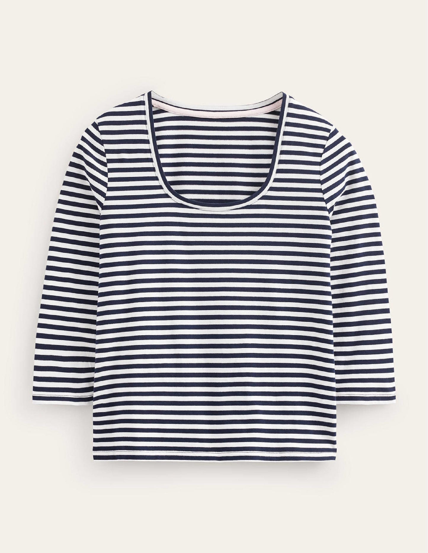 3/4 Sleeve Scoop Neck Top-Ivory, Navy