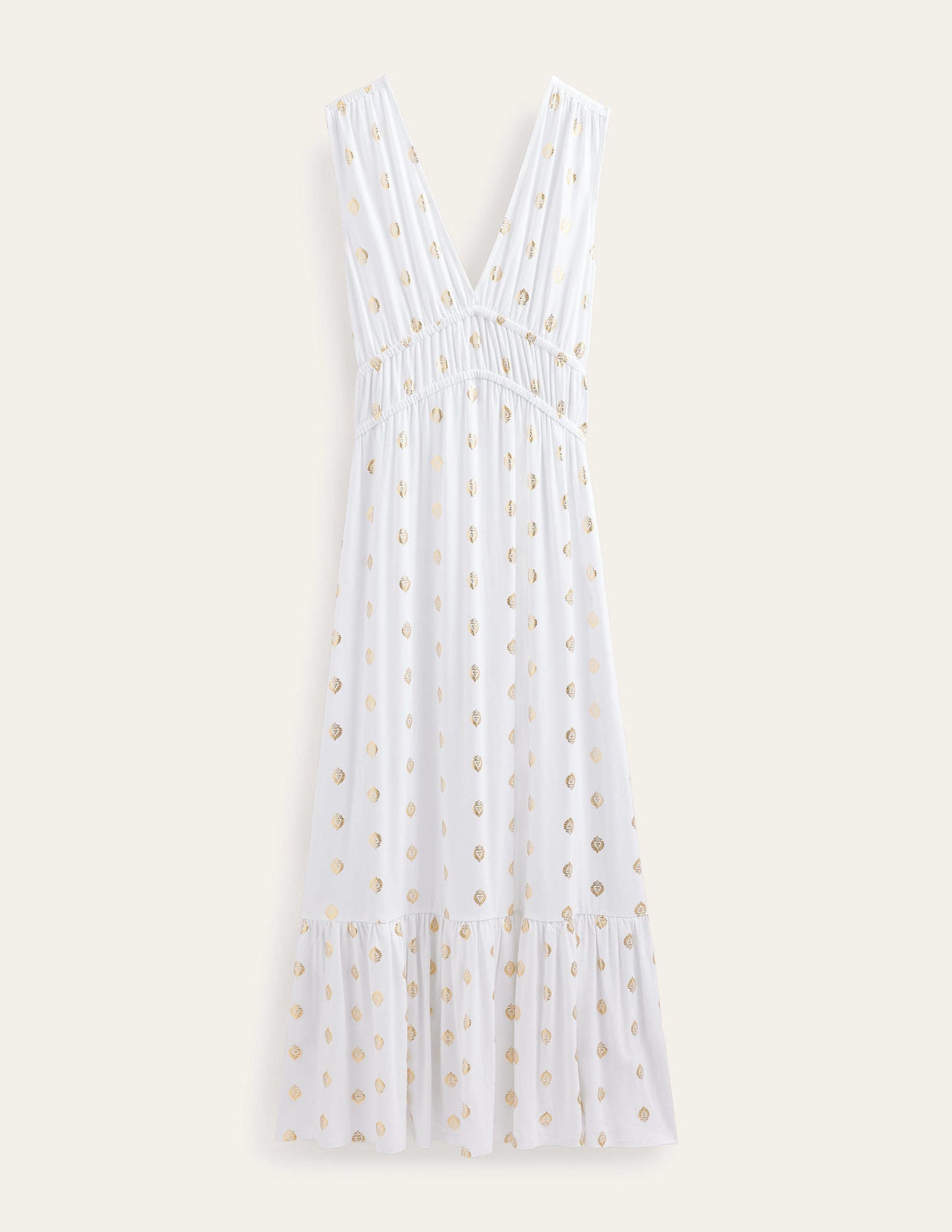 Smocked Jersey Maxi Dress-White, Tranquil Leaf