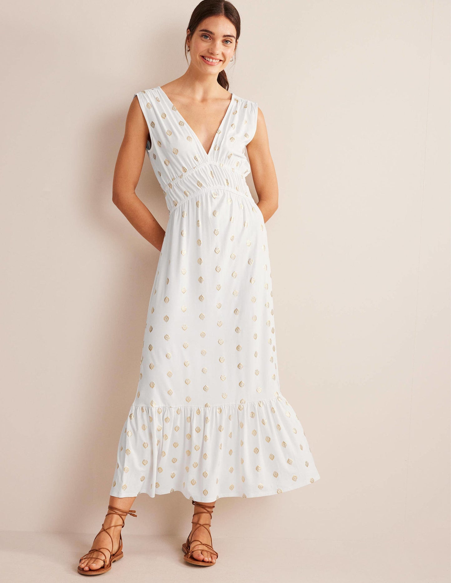 Smocked Jersey Maxi Dress-White, Tranquil Leaf