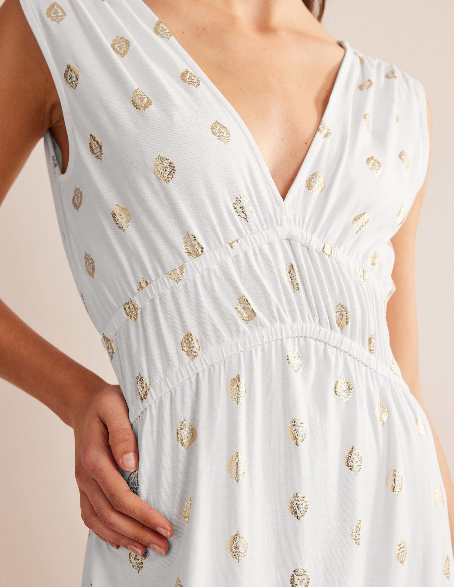 Smocked Jersey Maxi Dress-White, Tranquil Leaf