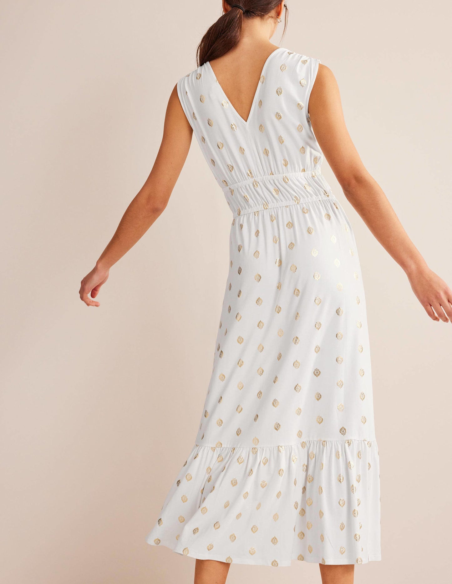 Smocked Jersey Maxi Dress-White, Tranquil Leaf
