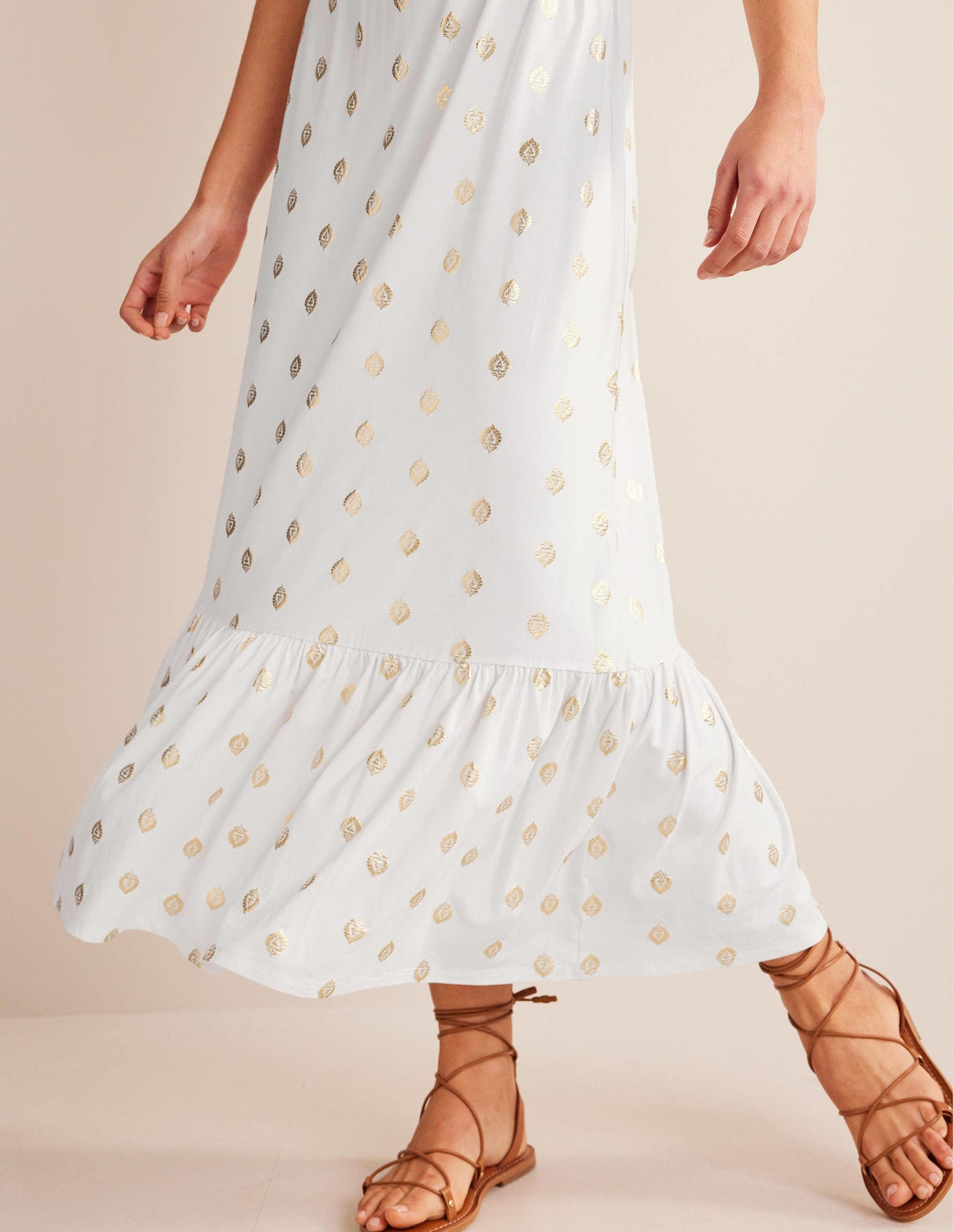 Smocked Jersey Maxi Dress-White, Tranquil Leaf