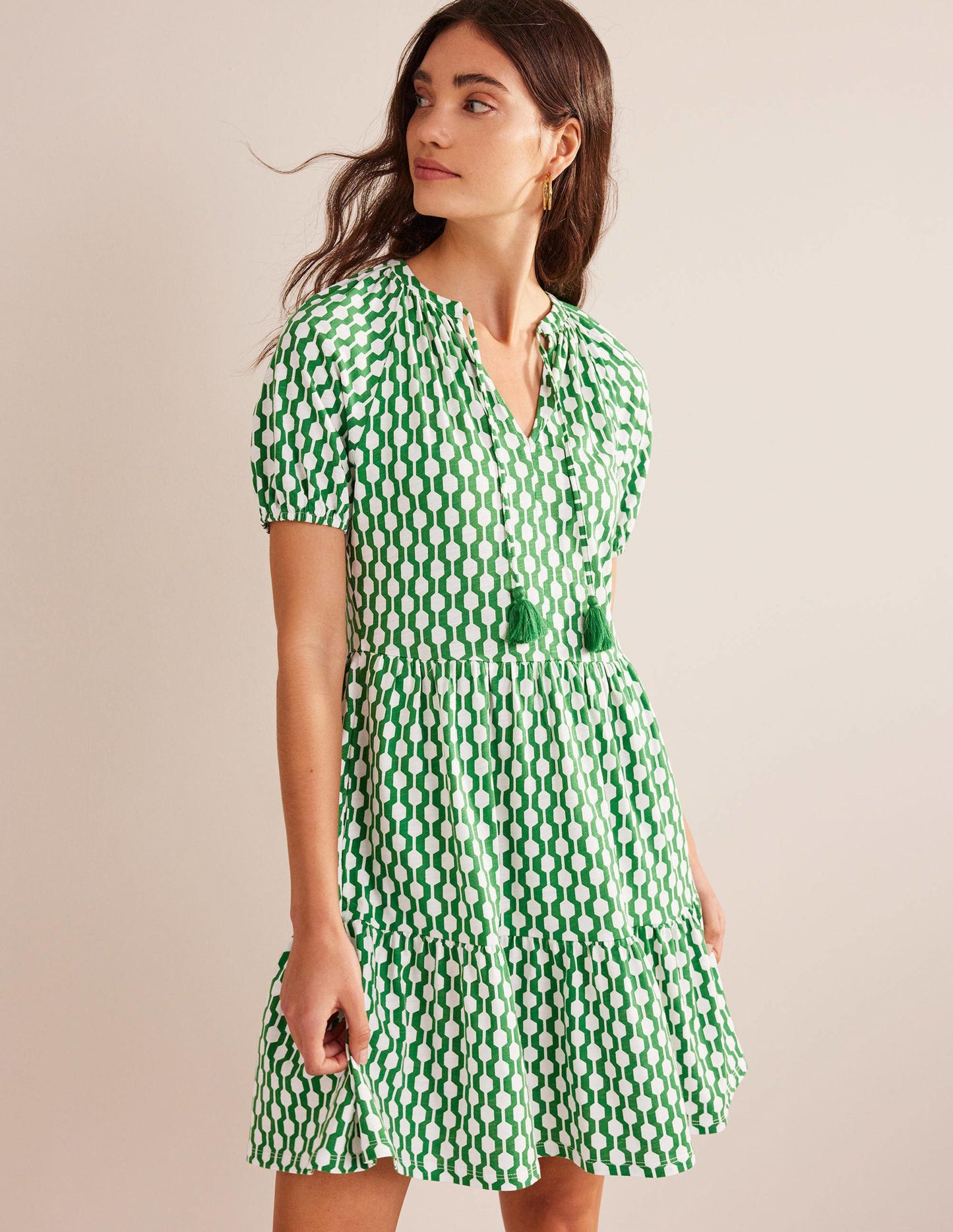 Short Sleeve Jersey Mini Dress-Rolling Hills, Geo Azure