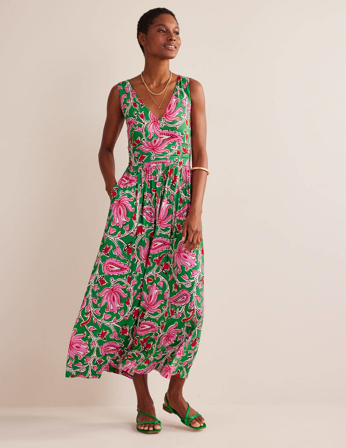 Sleeveless Jersey Maxi Dress-Lime, Botanic Vine