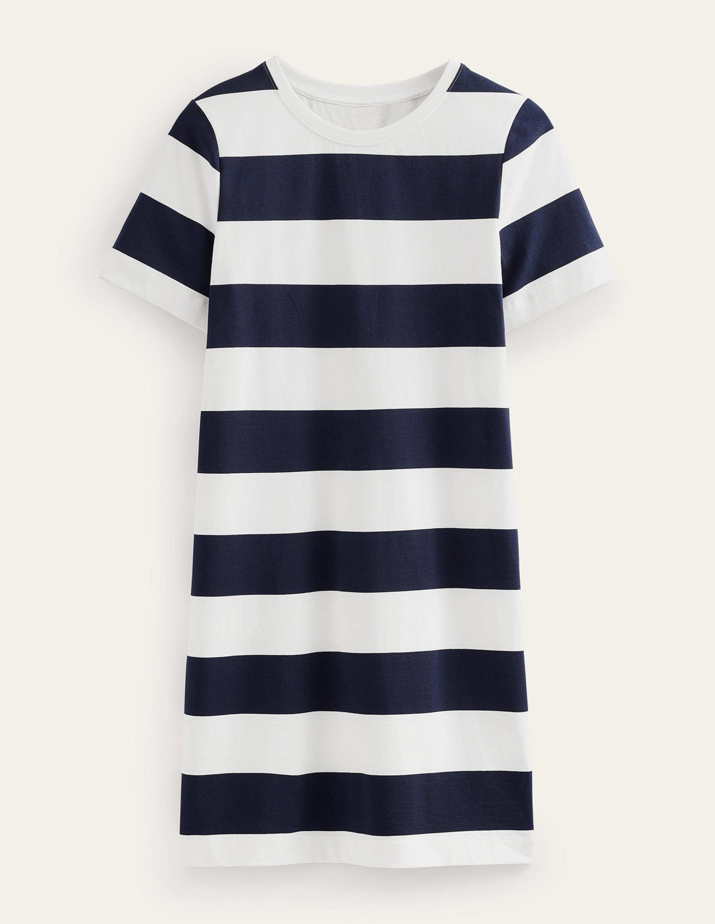 Crew Neck Mini T-shirt Dress-Ivory and Navy Stripe