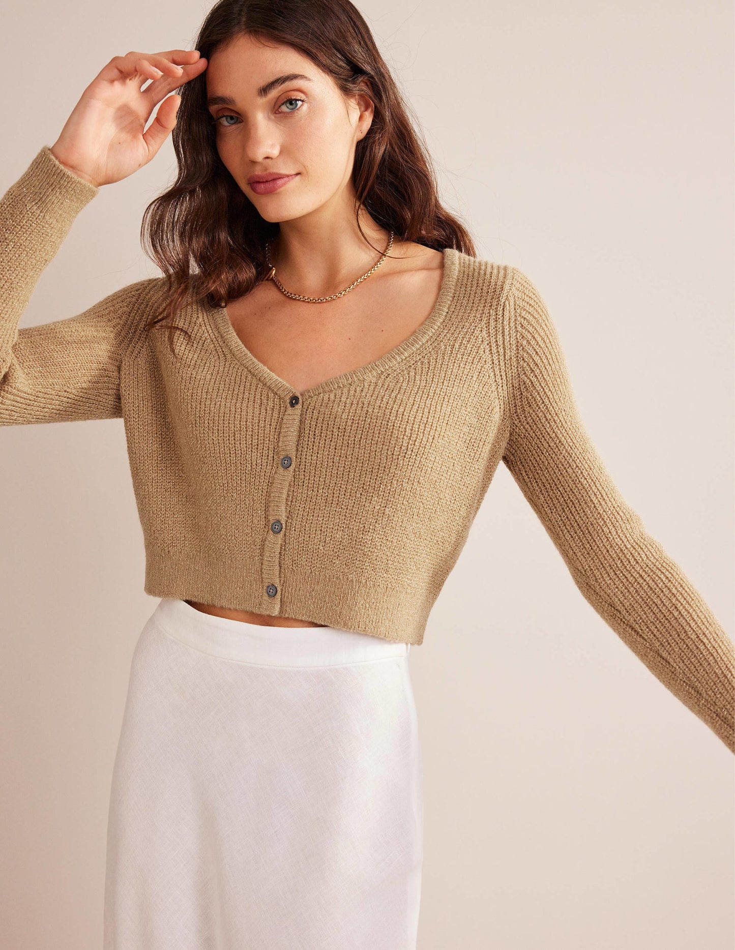 Cropped Fluffy Cardigan-Sparkle Camel Melange