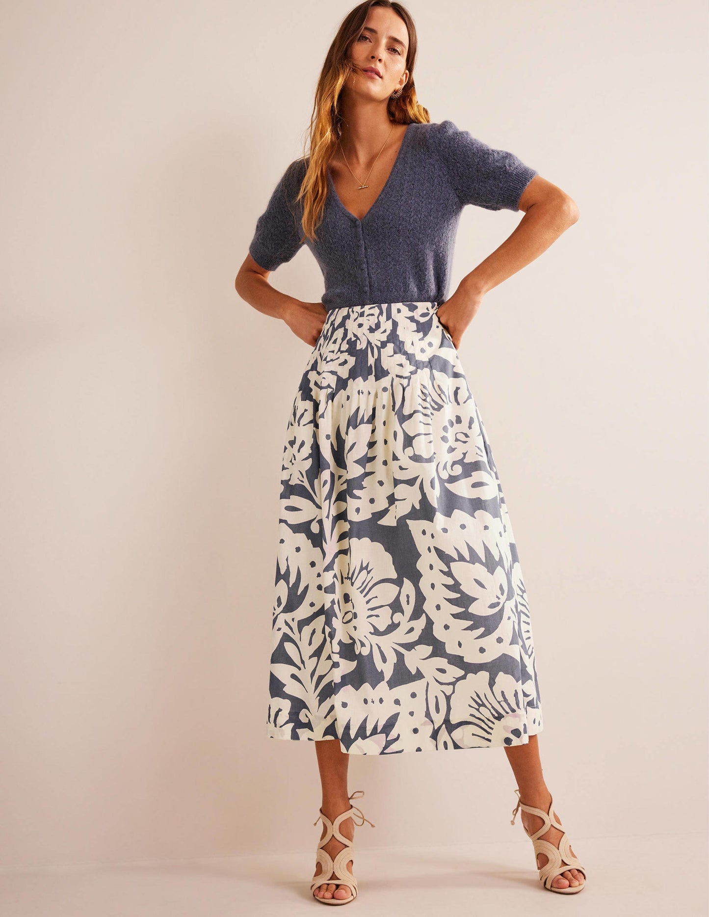 Pleated Cotton Midi Skirt-Sapphire, Oak Terrace