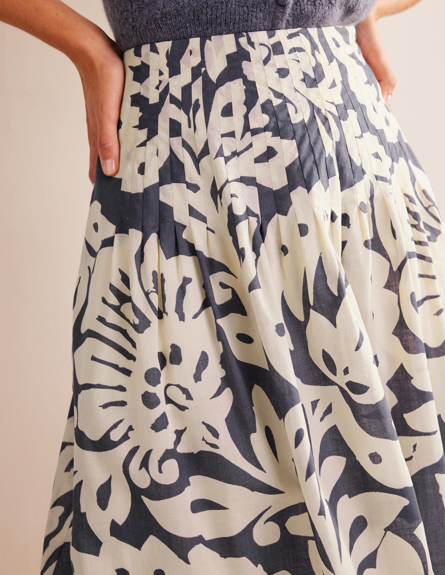 Pleated Cotton Midi Skirt-Sapphire, Oak Terrace