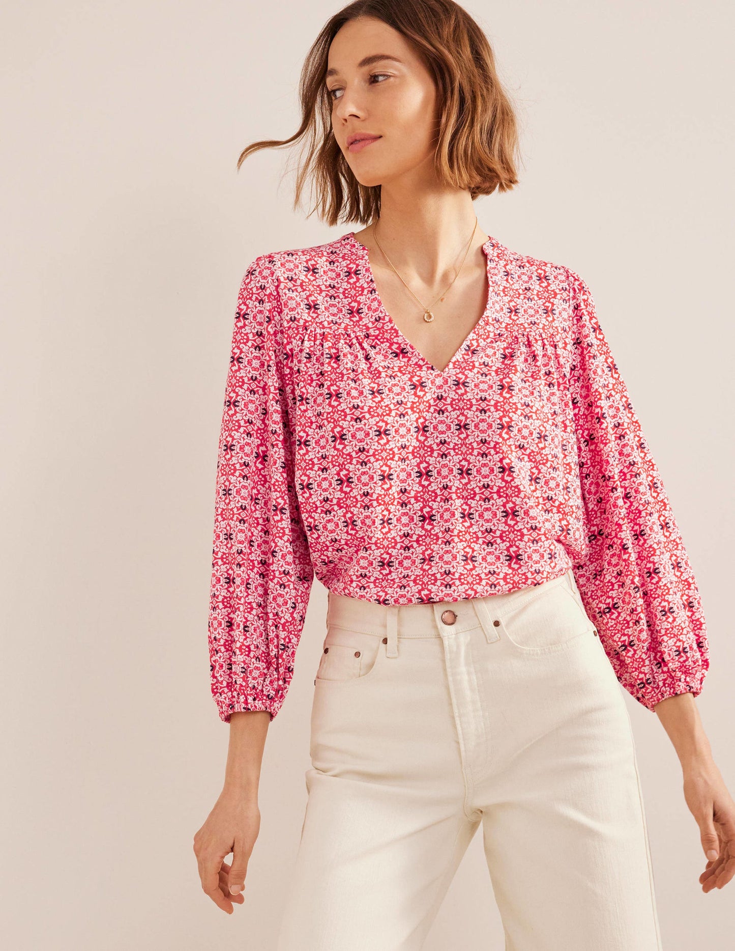 Printed Notch Neck Top-Red Tile Geo