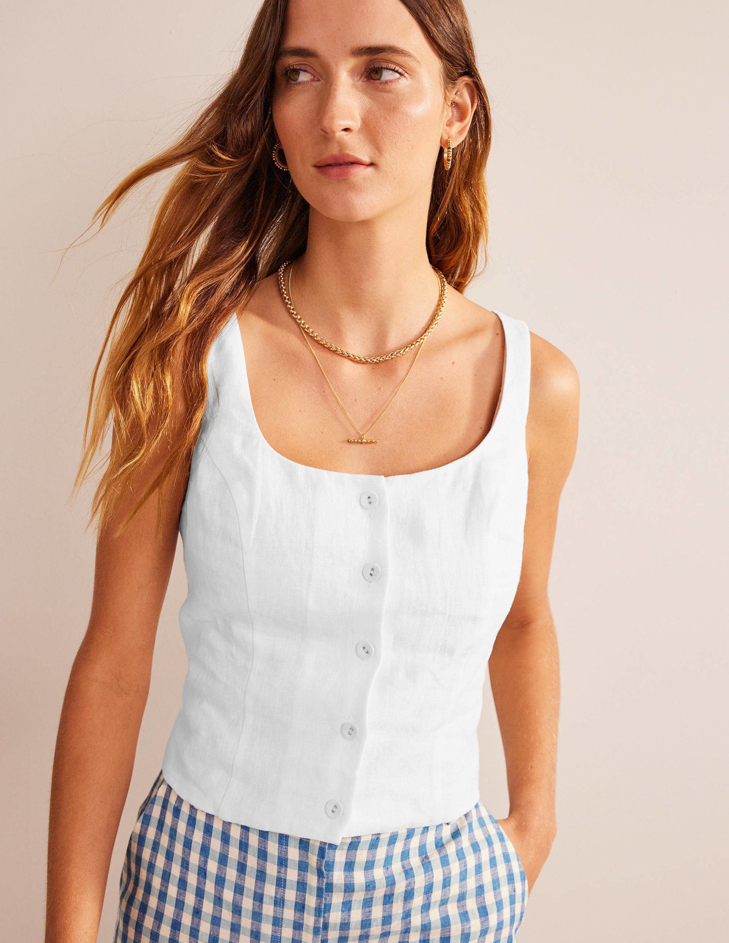 Square Neck Linen Top-White
