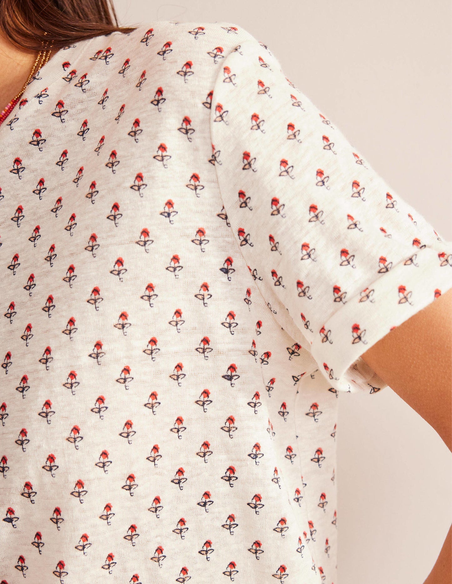 Printed Linen T-shirt-Ivory, Tulip Blush