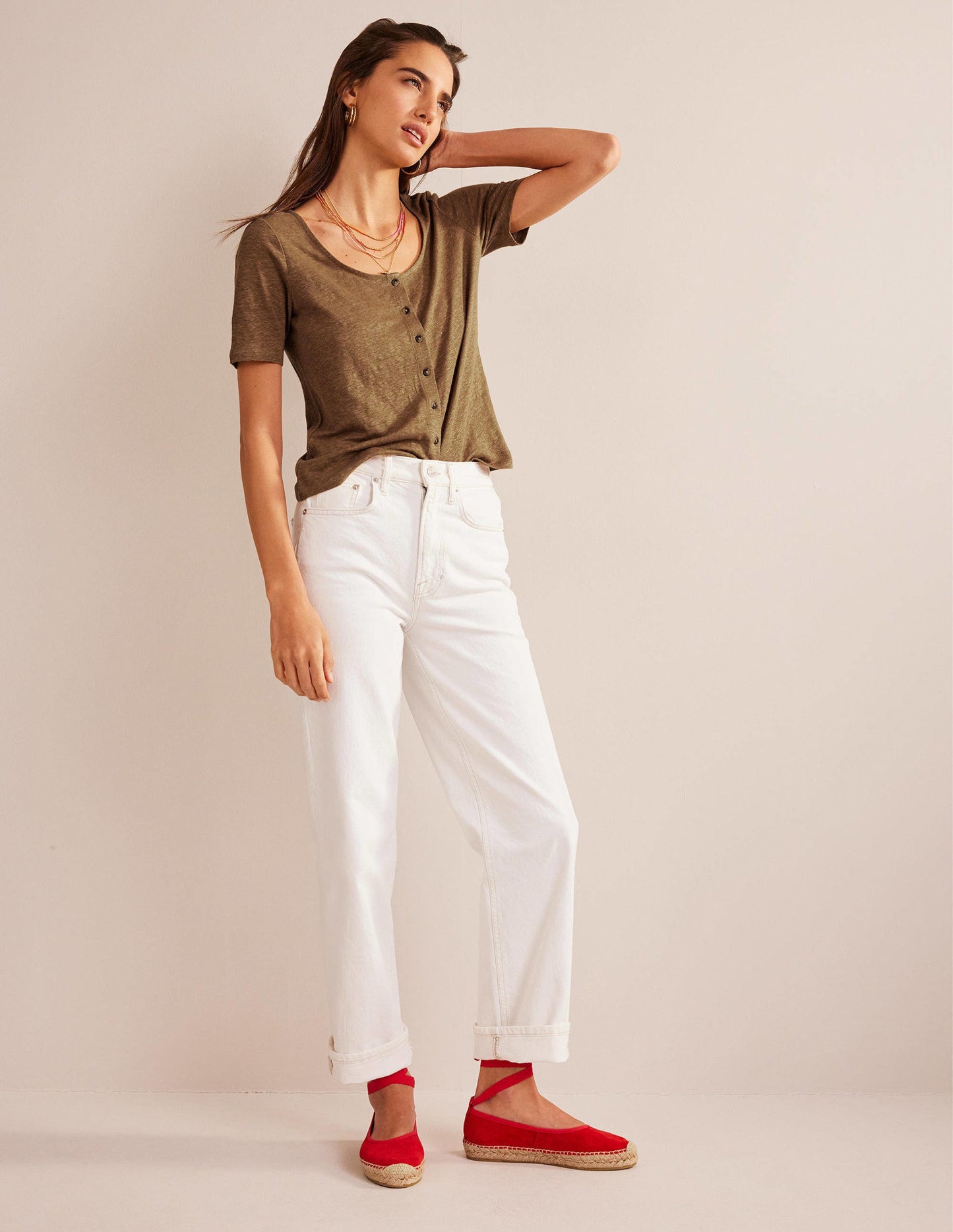 Scoop Neck Linen T-shirt-Camel