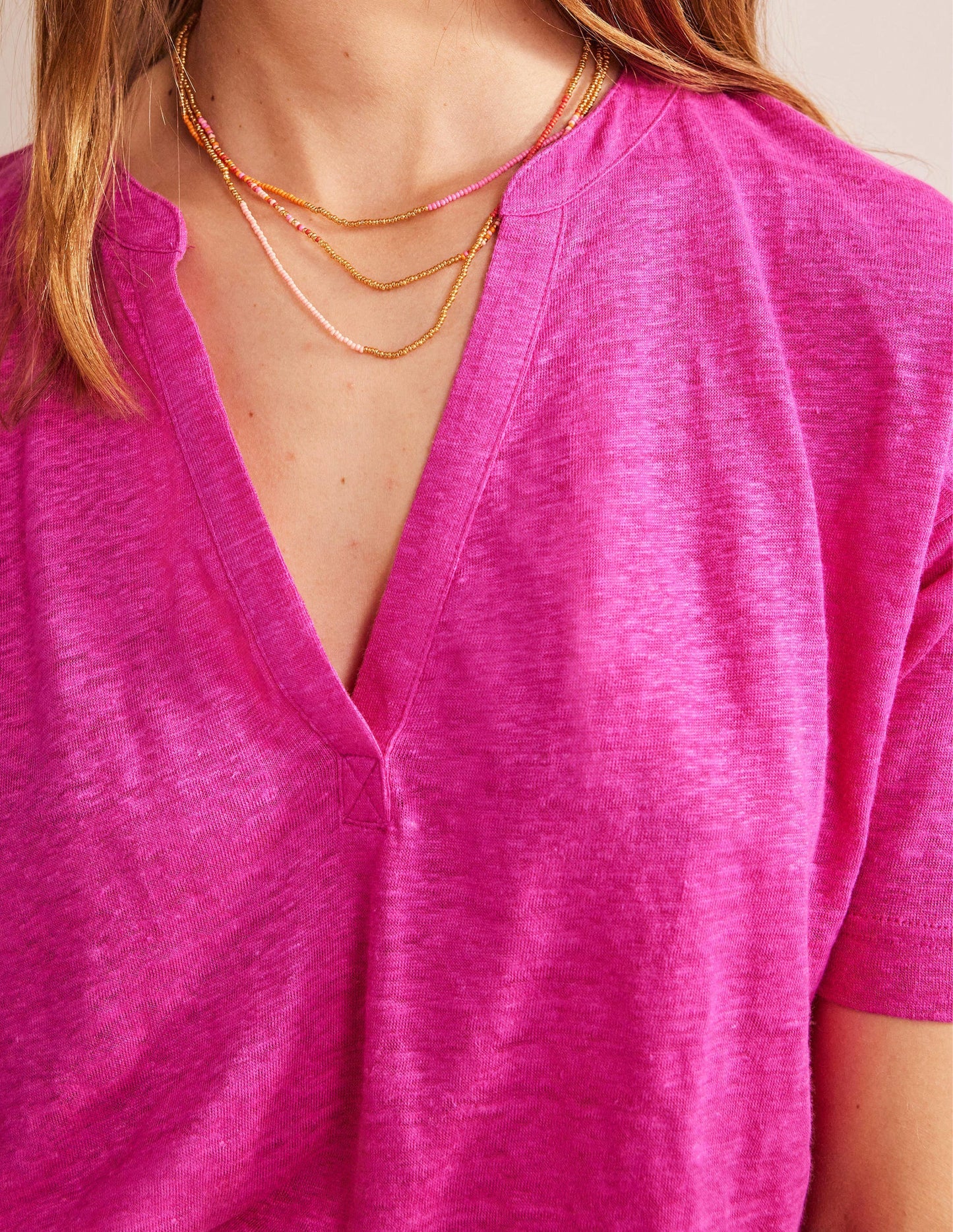 Notch Neck Linen Henley Top-Phlox Pink