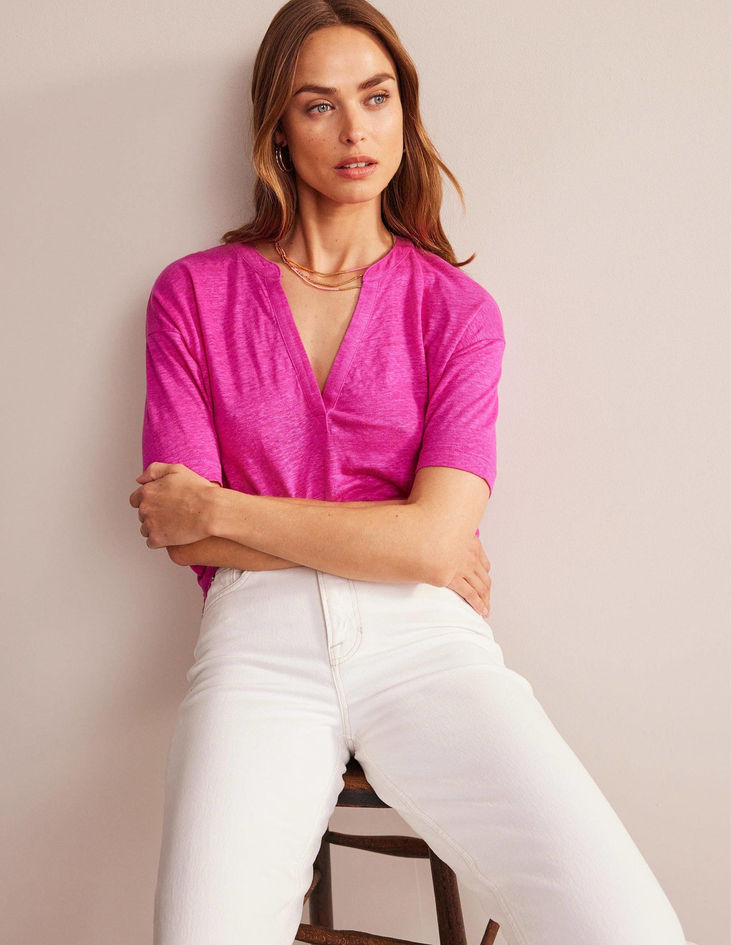 Notch Neck Linen Henley Top-Phlox Pink