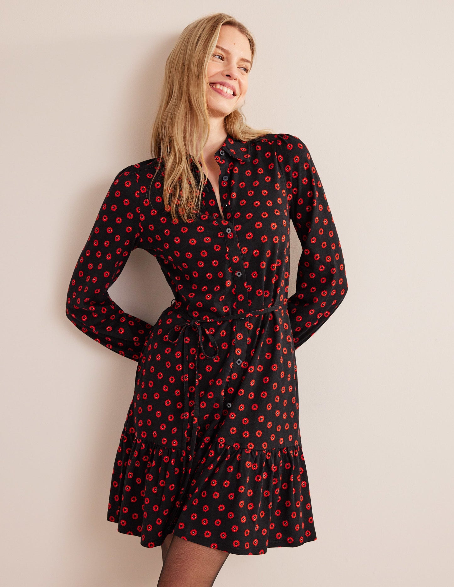 Tiered Jersey Shirt Mini Dress-Black, Petunia Bud