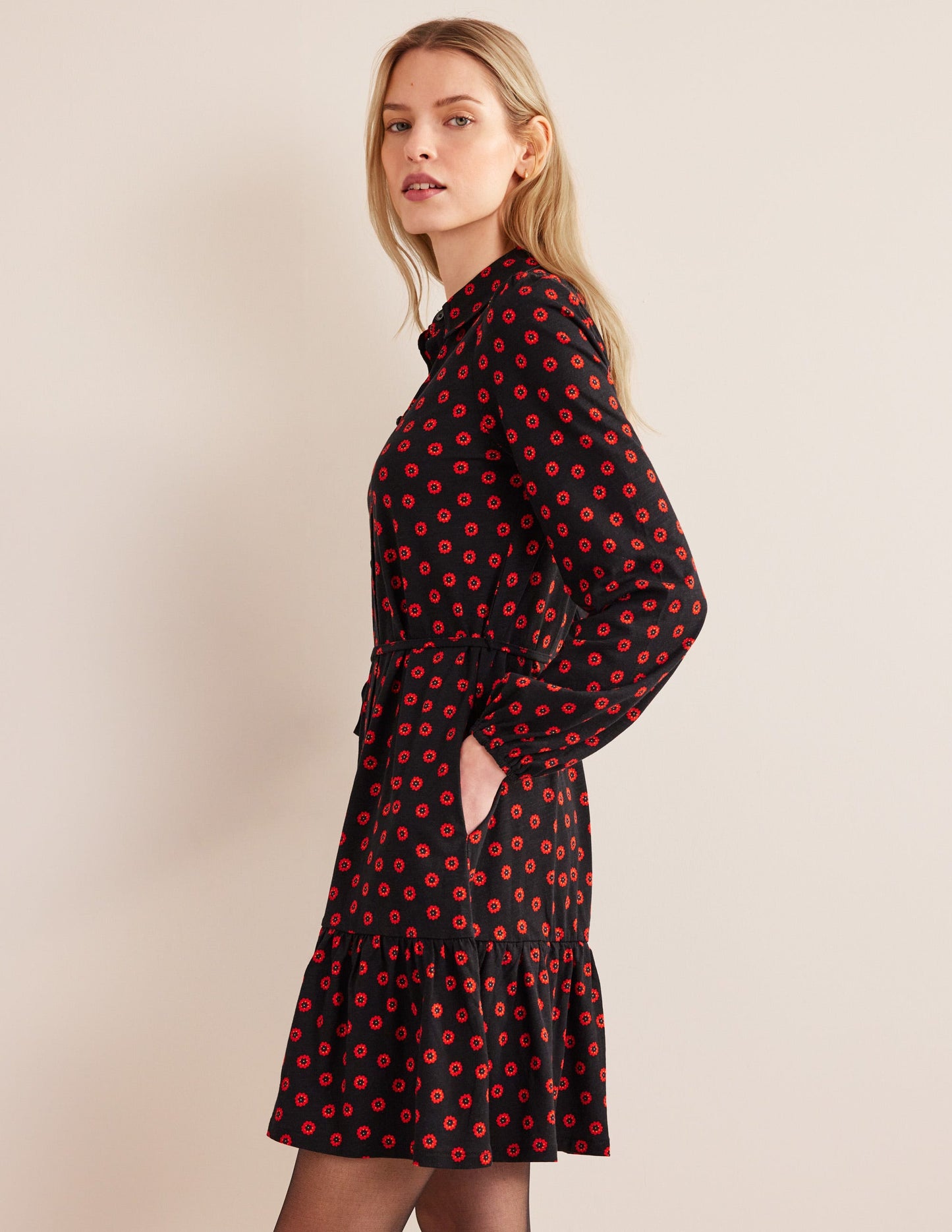 Tiered Jersey Shirt Mini Dress-Black, Petunia Bud