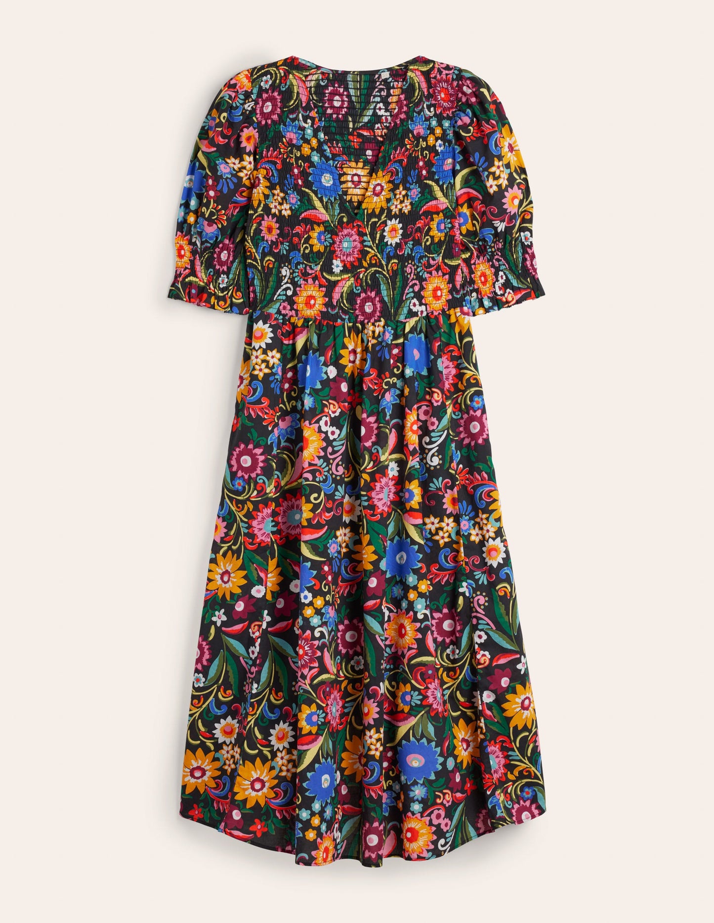 Smocked Bodice Midi Dress-Black, Gardenia Pop
