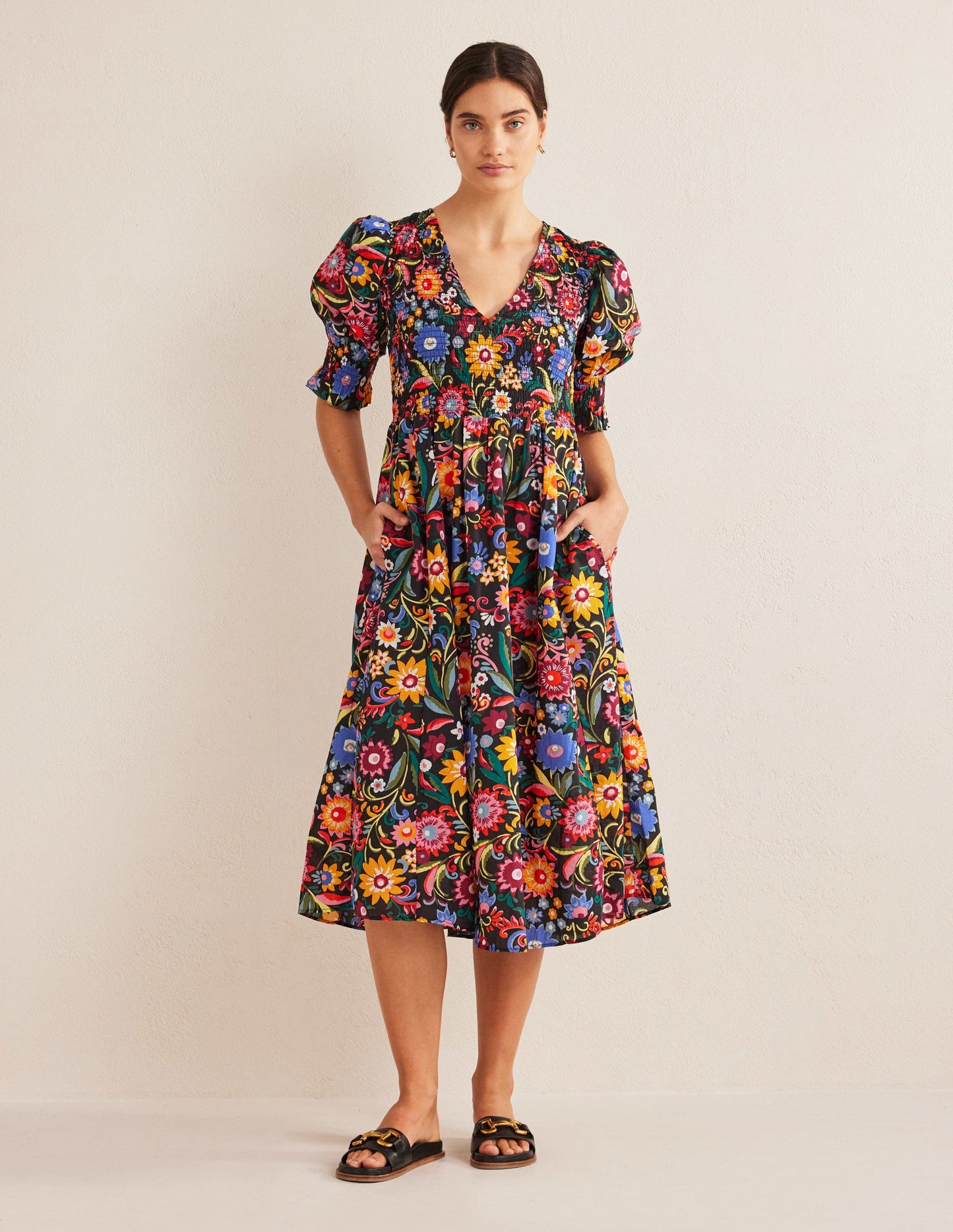 Smocked Bodice Midi Dress-Black, Gardenia Pop