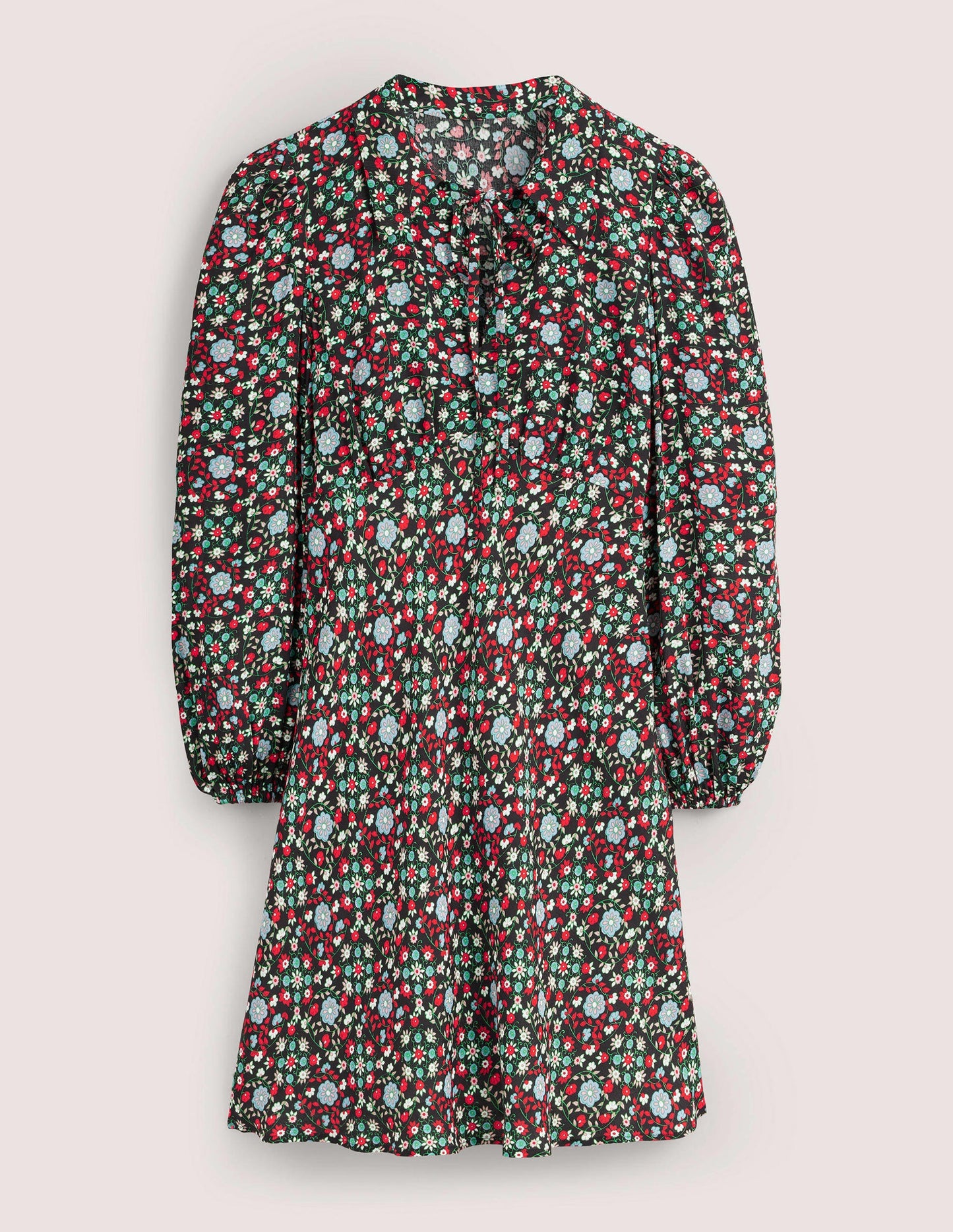 Tie Neck Shirt Dress-Black, Gardenia Swirl