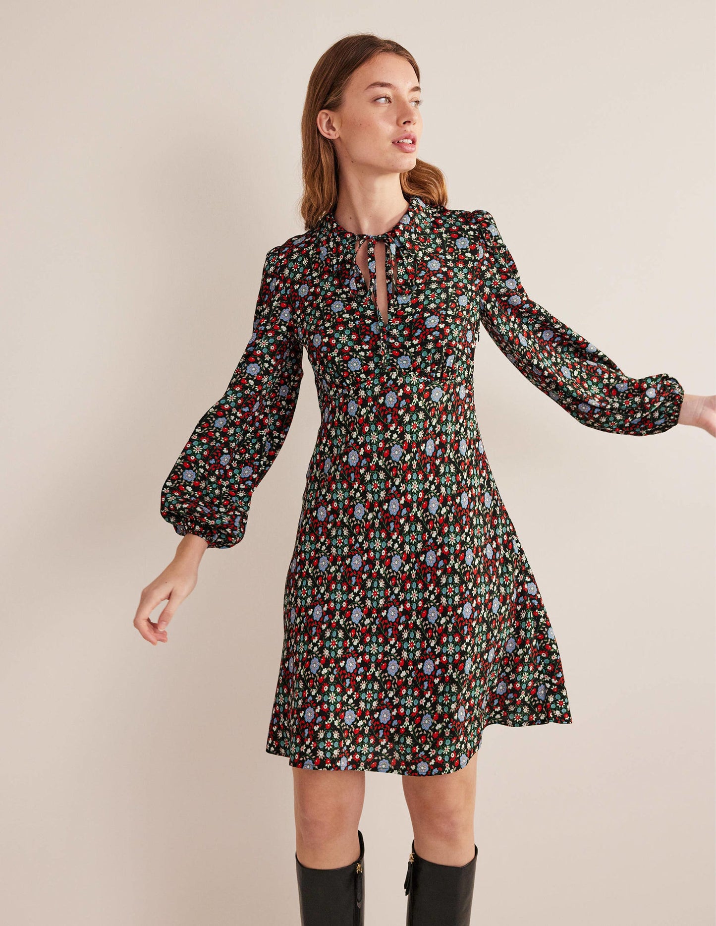 Tie Neck Shirt Dress-Black, Gardenia Swirl