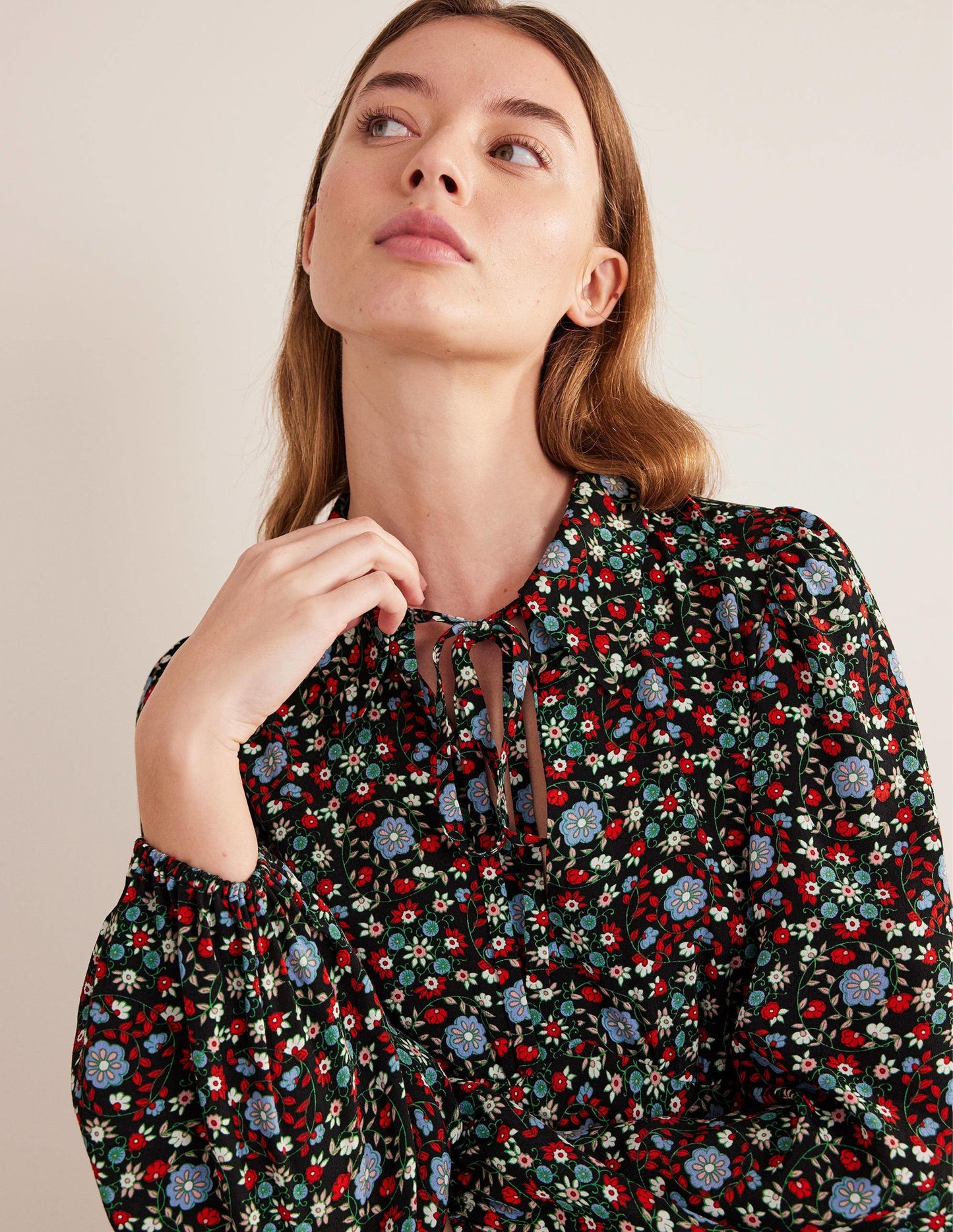 Tie Neck Shirt Dress-Black, Gardenia Swirl