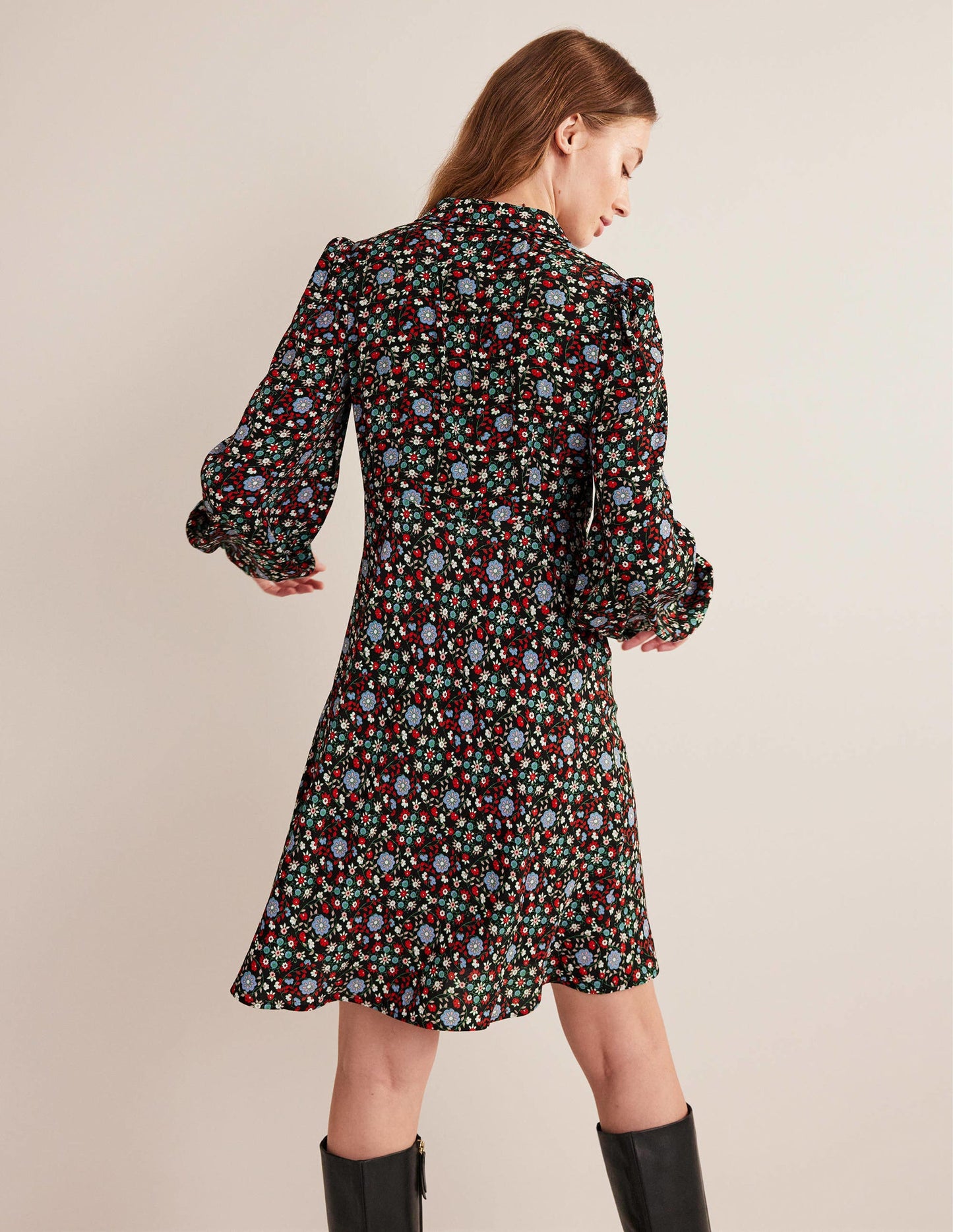 Tie Neck Shirt Dress-Black, Gardenia Swirl