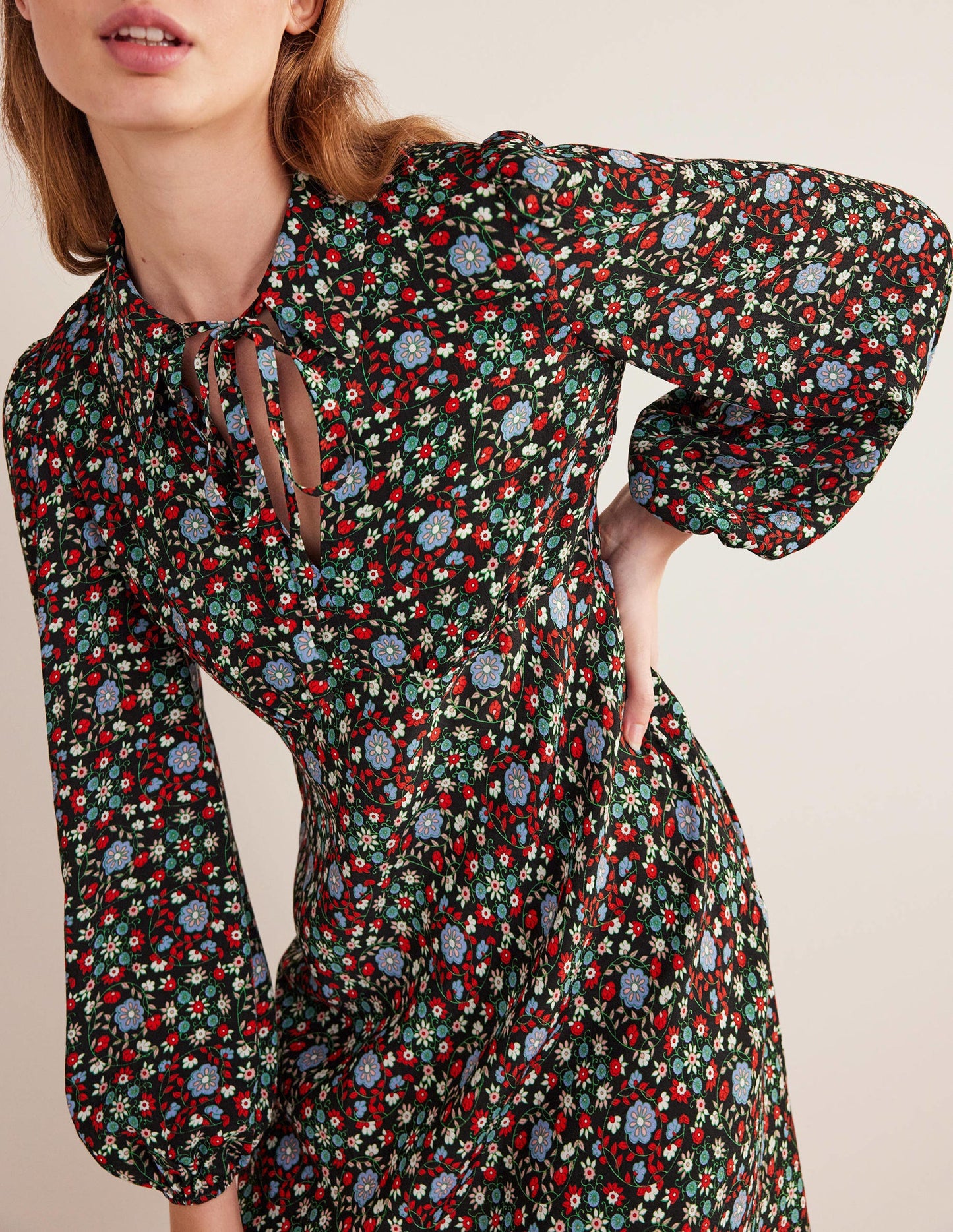 Tie Neck Shirt Dress-Black, Gardenia Swirl