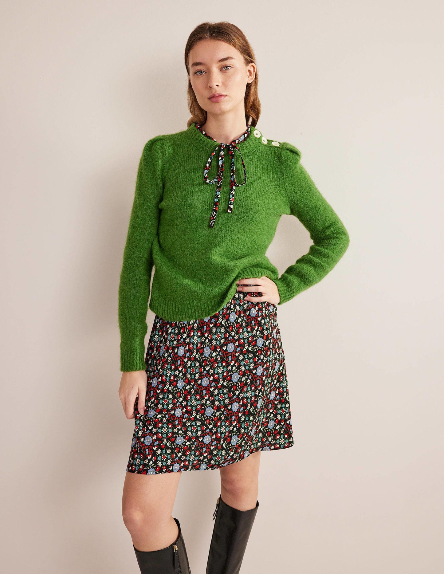 Tie Neck Shirt Dress-Black, Gardenia Swirl