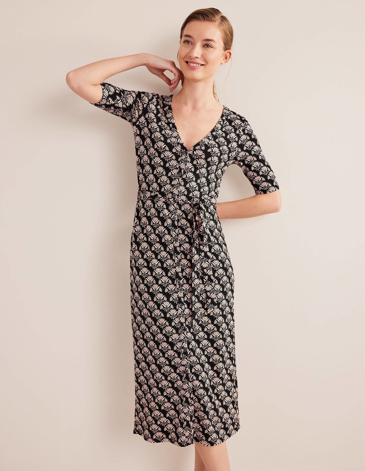 Button Front Jersey Midi Dress-Black, Passion Stamp