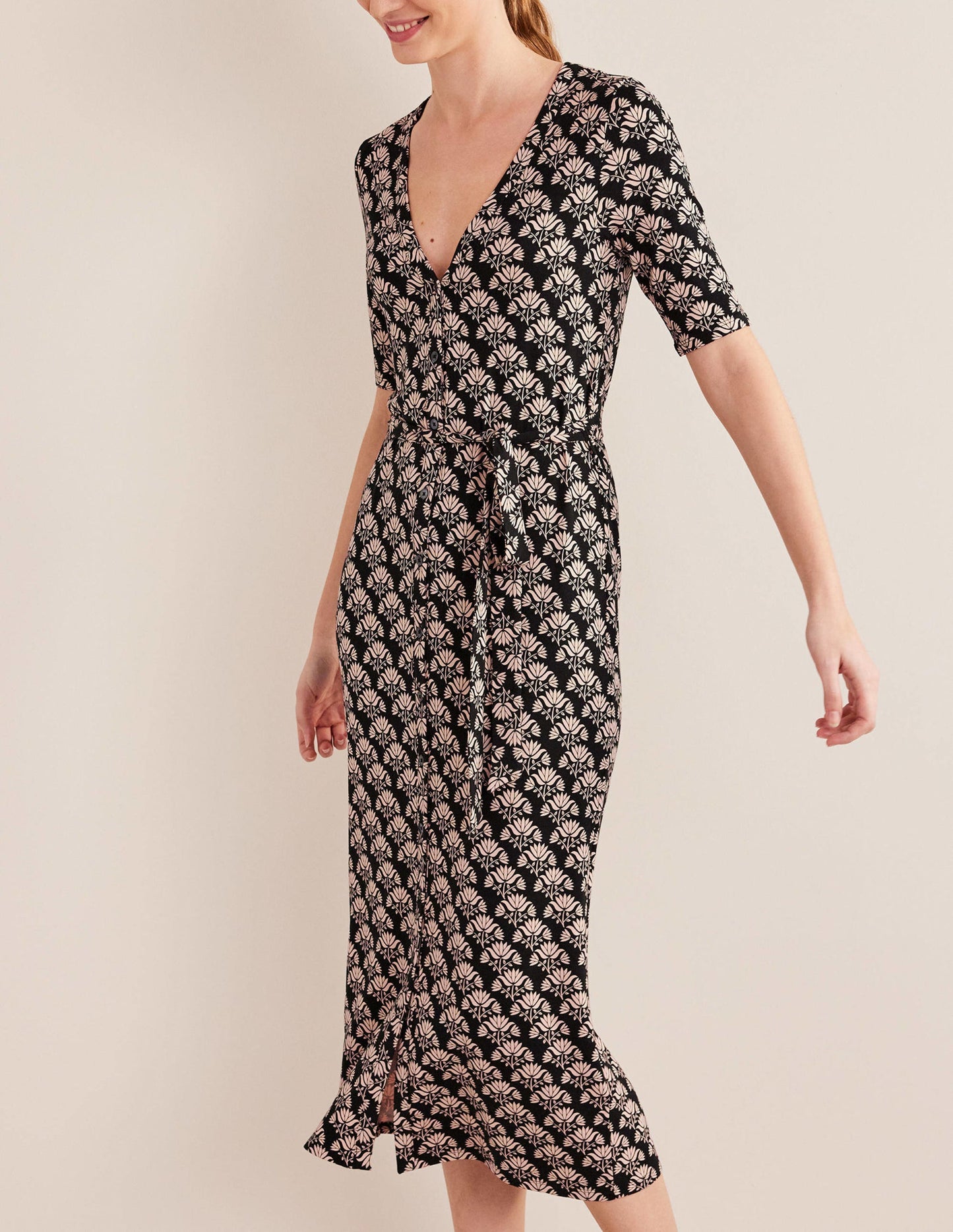 Button Front Jersey Midi Dress-Black, Passion Stamp