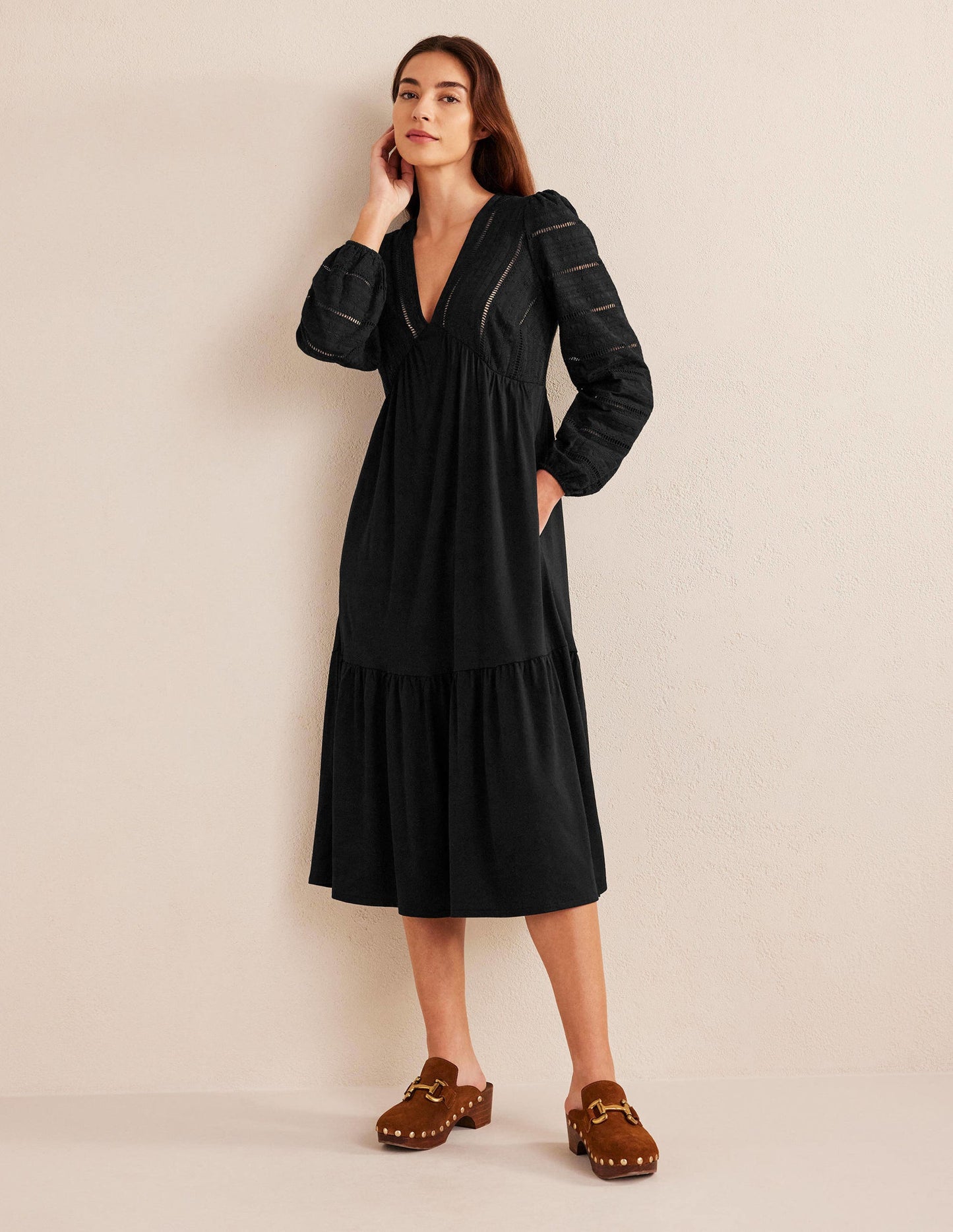 Woven Mix Midi Jersey Dress-Black