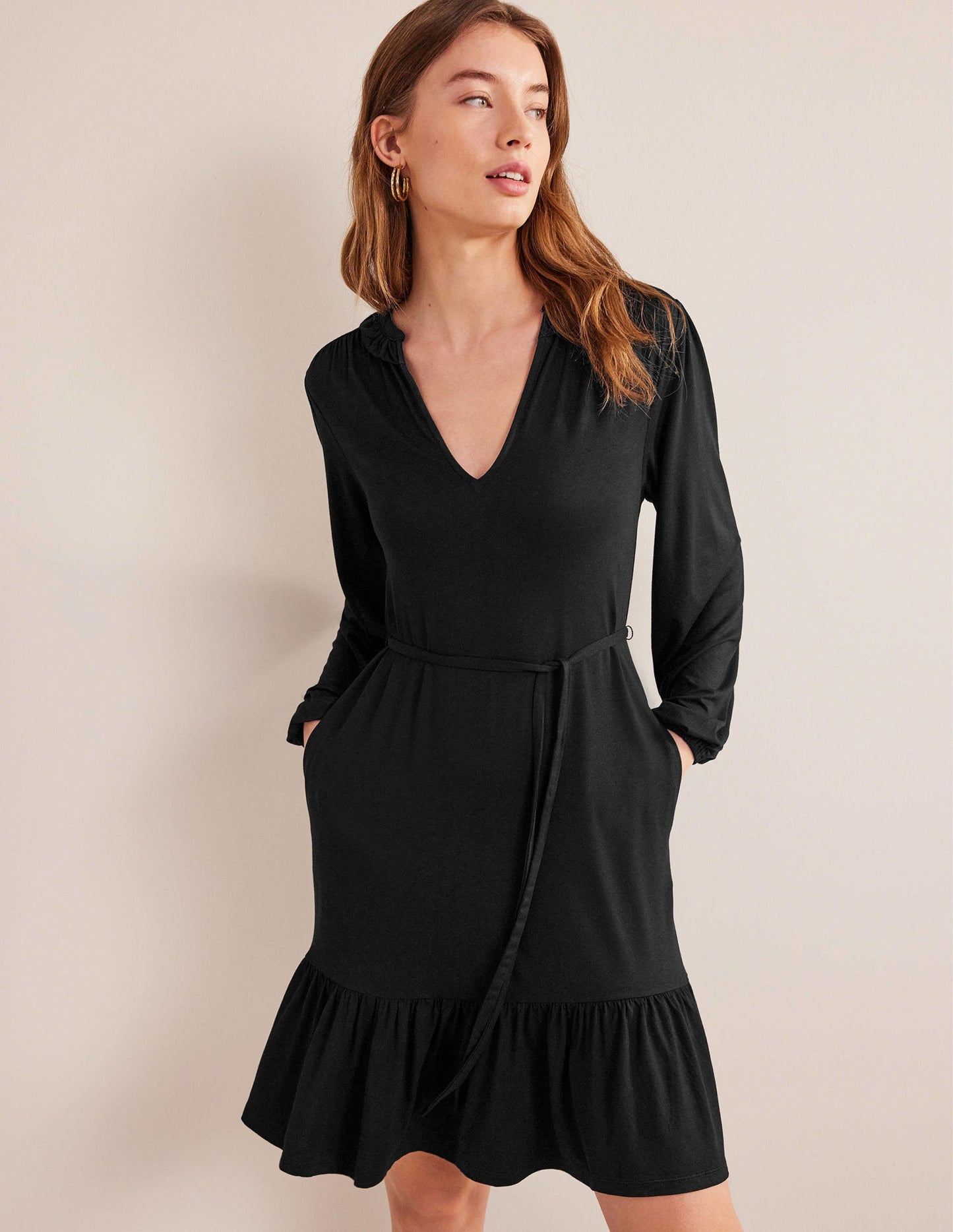 Notch Neck Jersey Dress-Black