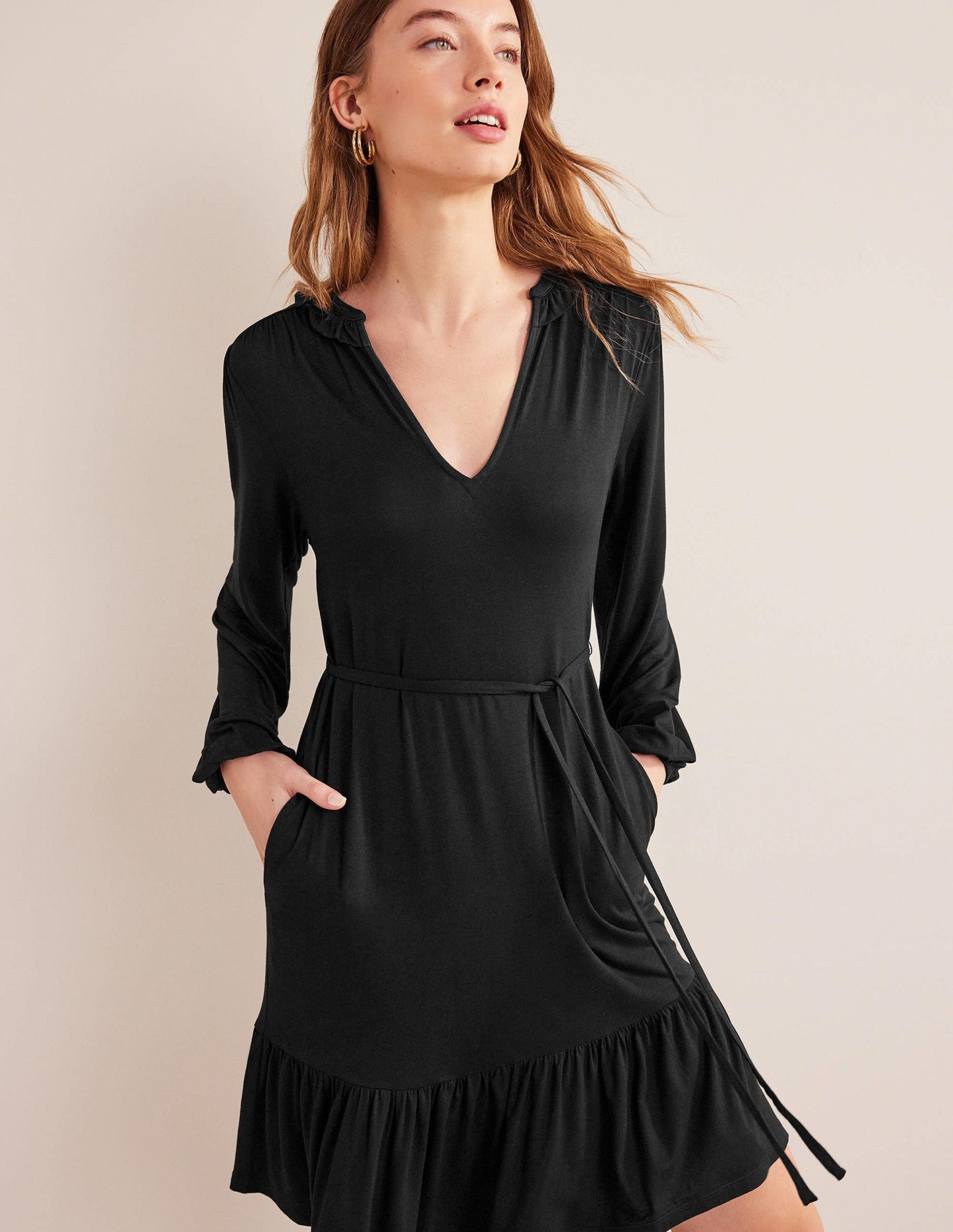 Notch Neck Jersey Dress-Black