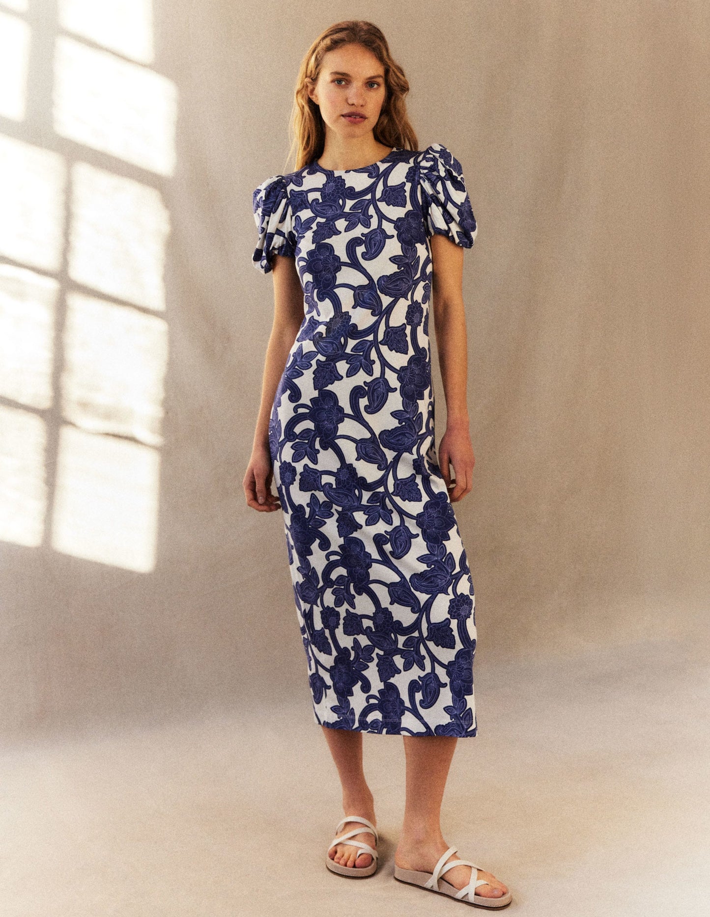 Puff Sleeve Jersey Midi Dress-Blue Ribbon, Paisley Whirl