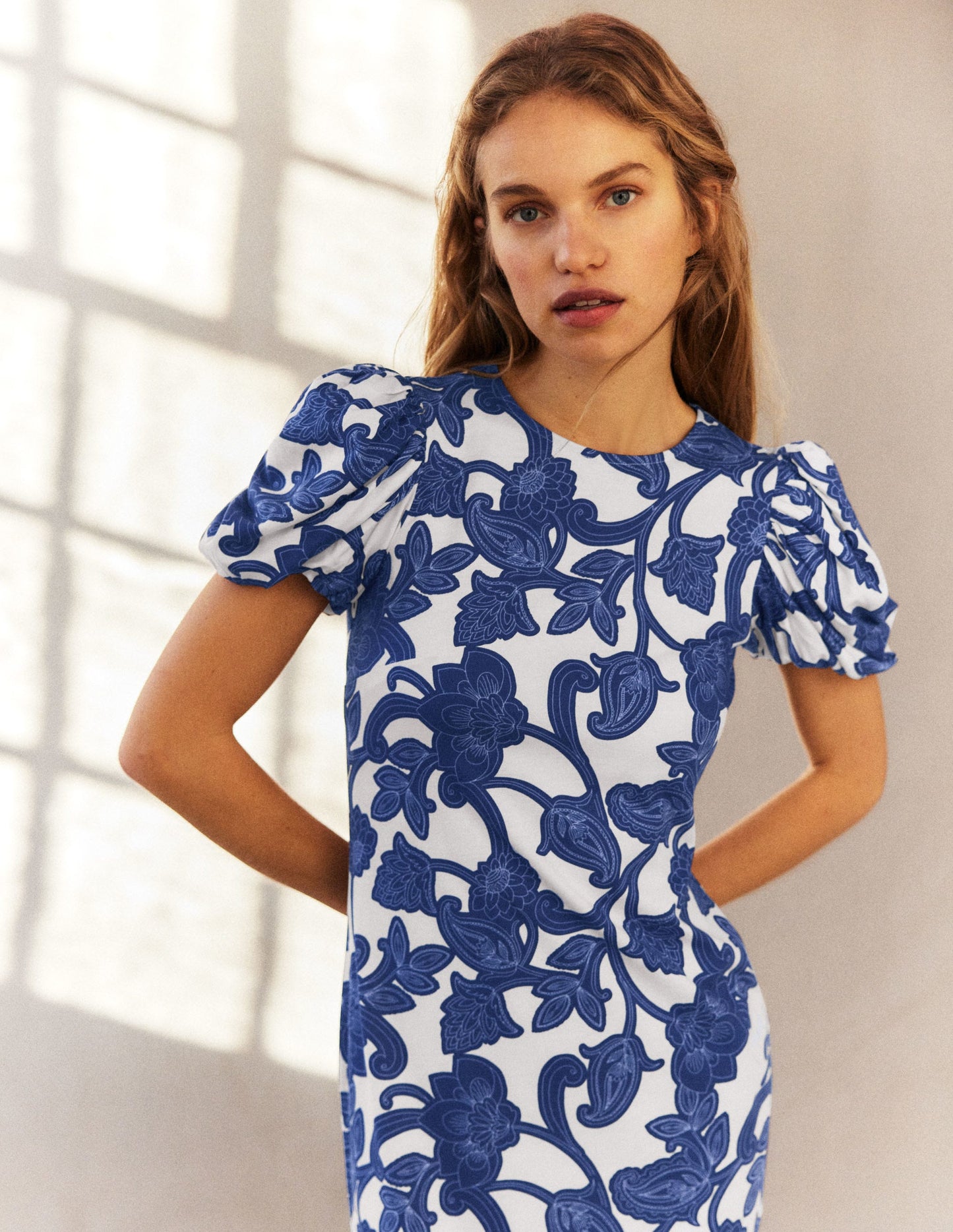Puff Sleeve Jersey Midi Dress-Blue Ribbon, Paisley Whirl