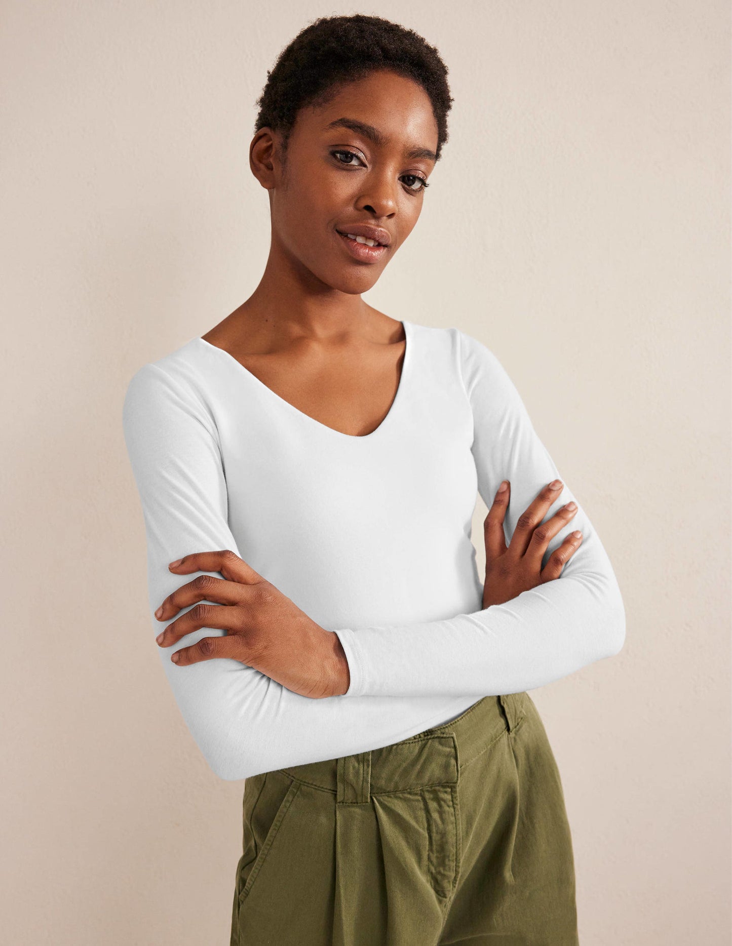 Double Layer V-neck Top-White