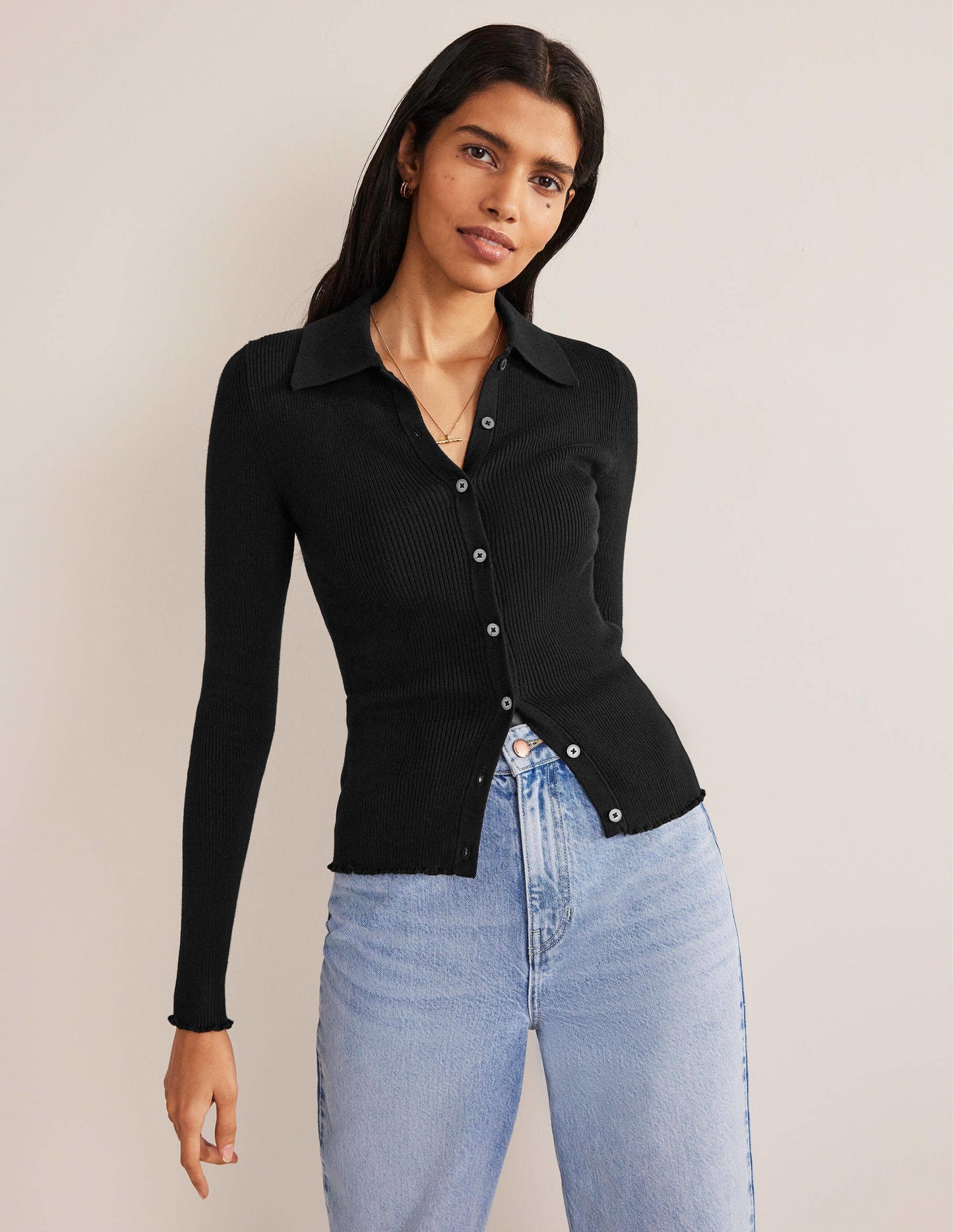 Ribbed-Knit Fitted Shirt-Black