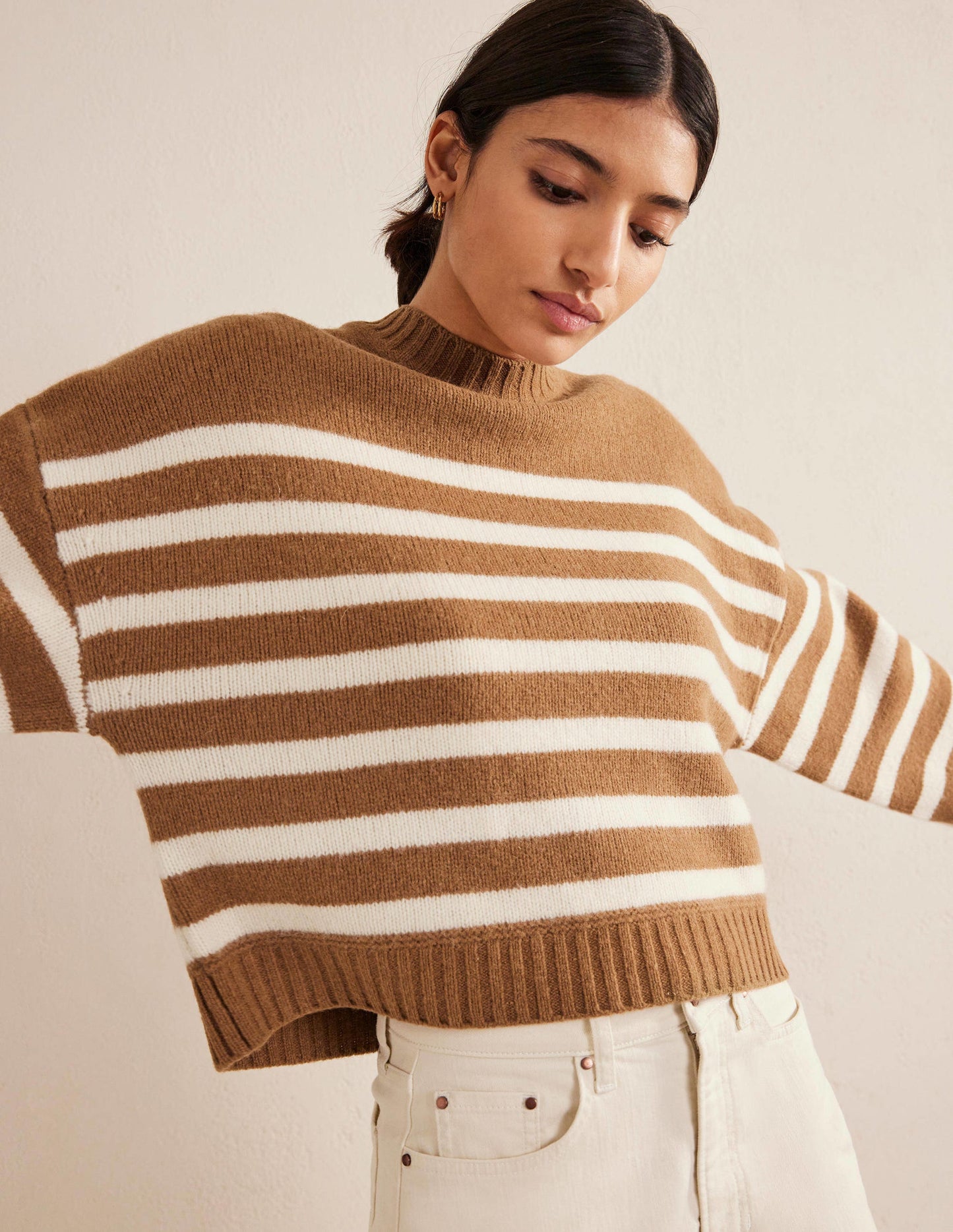 Brushed Wool Cropped Jumper-Teddy Bear, Ivory Stripe