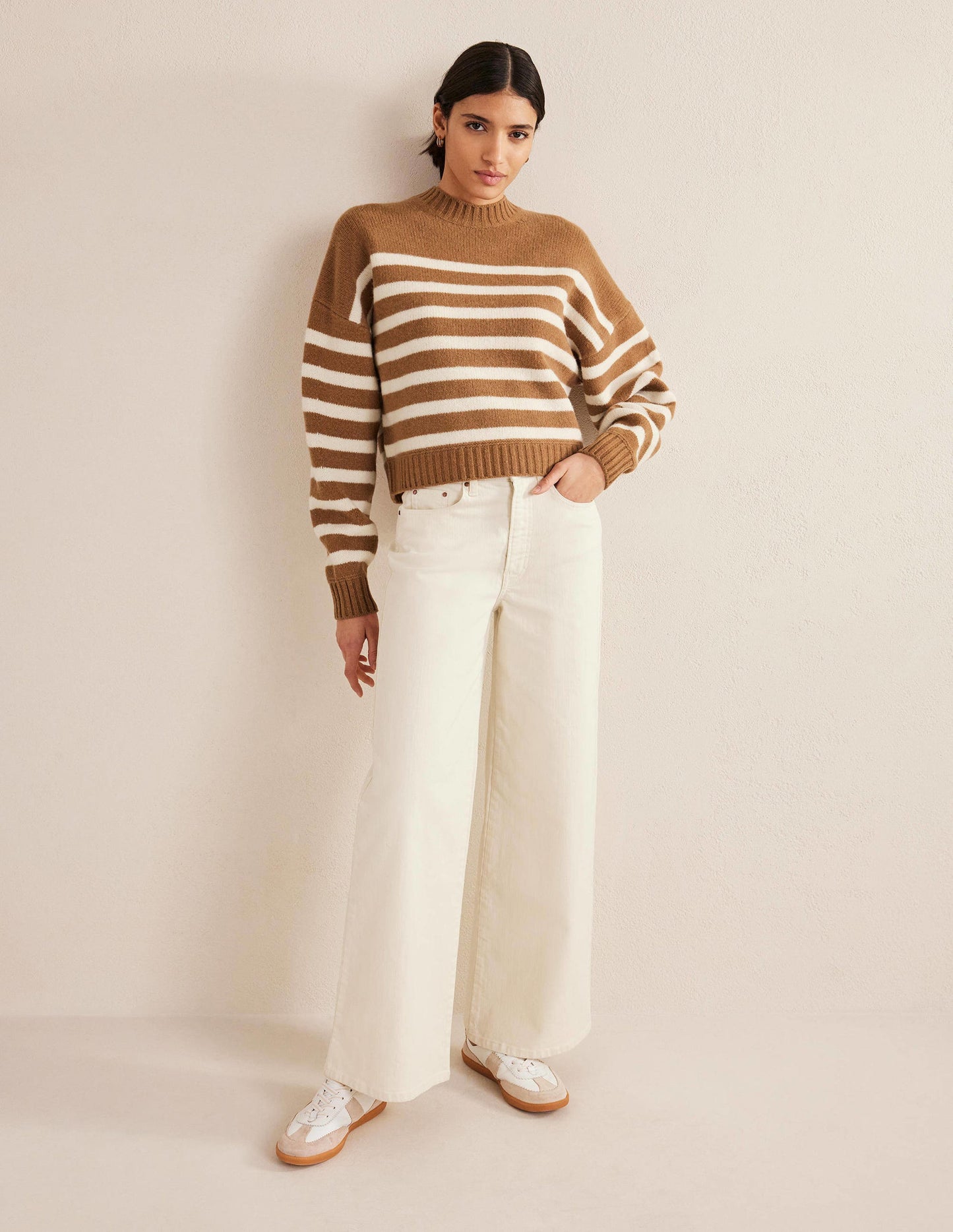 Brushed Wool Cropped Jumper-Teddy Bear, Ivory Stripe