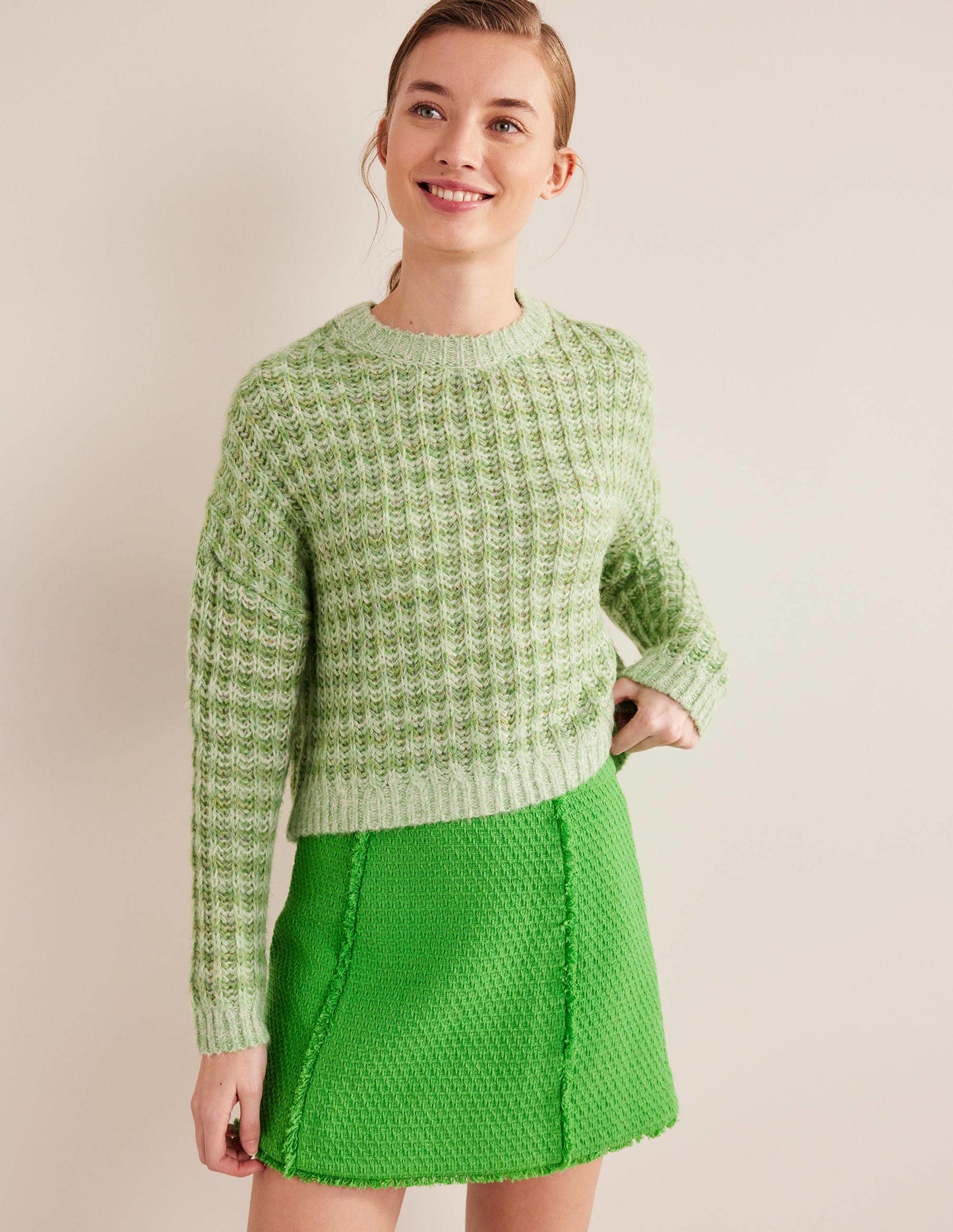 Wide Rib Fluffy Jumper-Green Marl