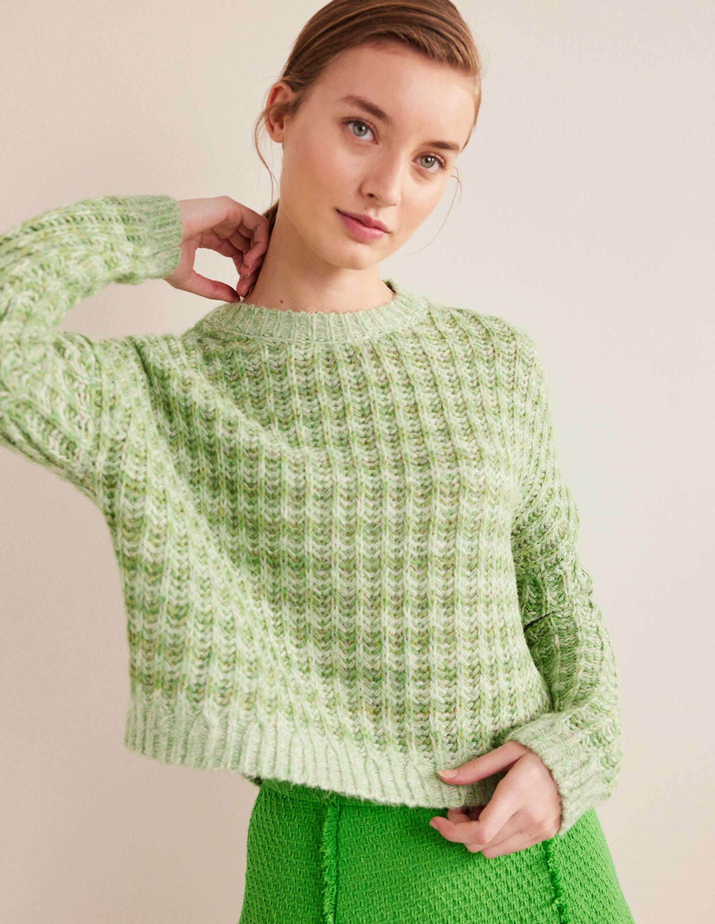 Wide Rib Fluffy Jumper-Green Marl