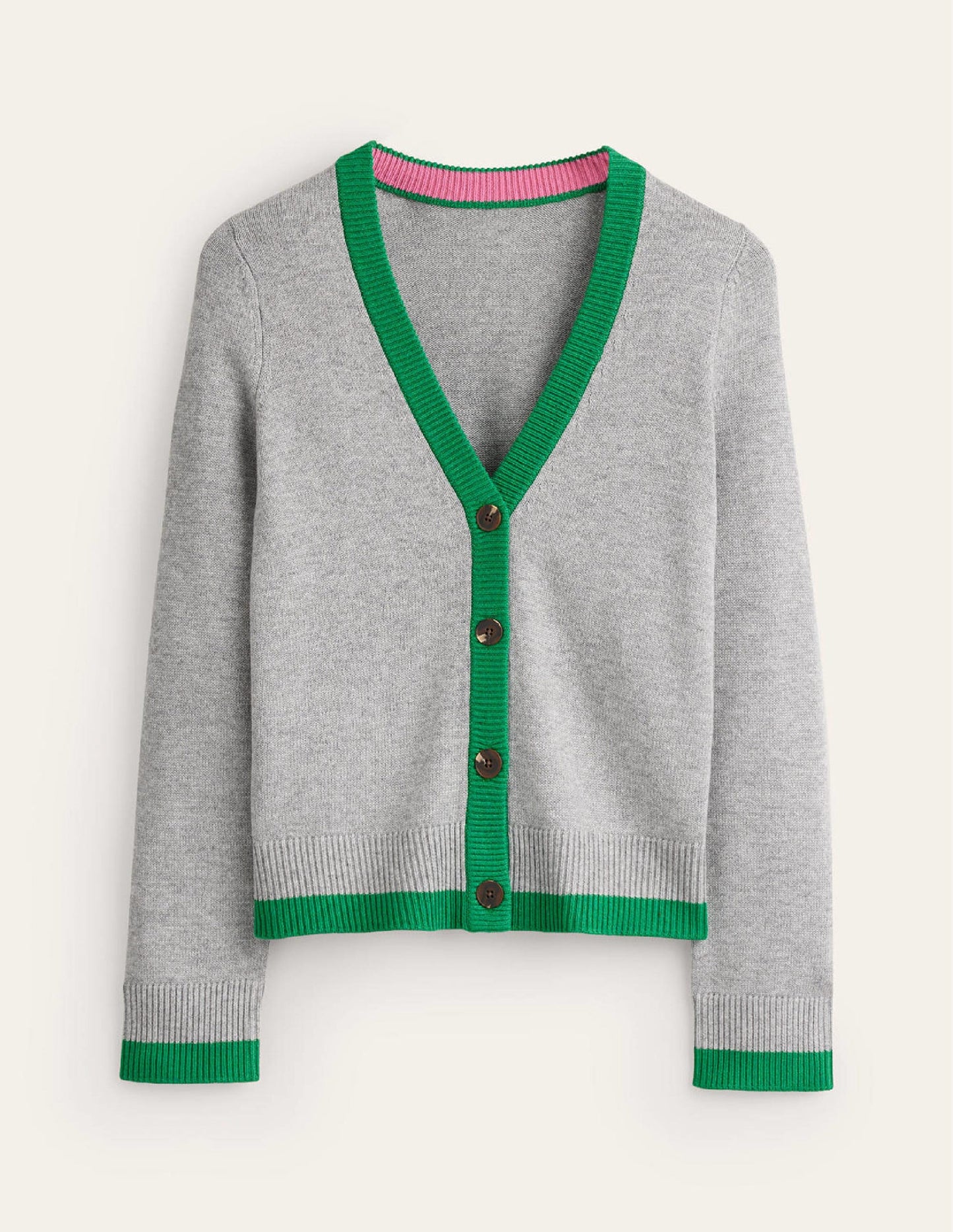 Alma Contrast Trim Cardigan-Grey Melange, Rich Emerald