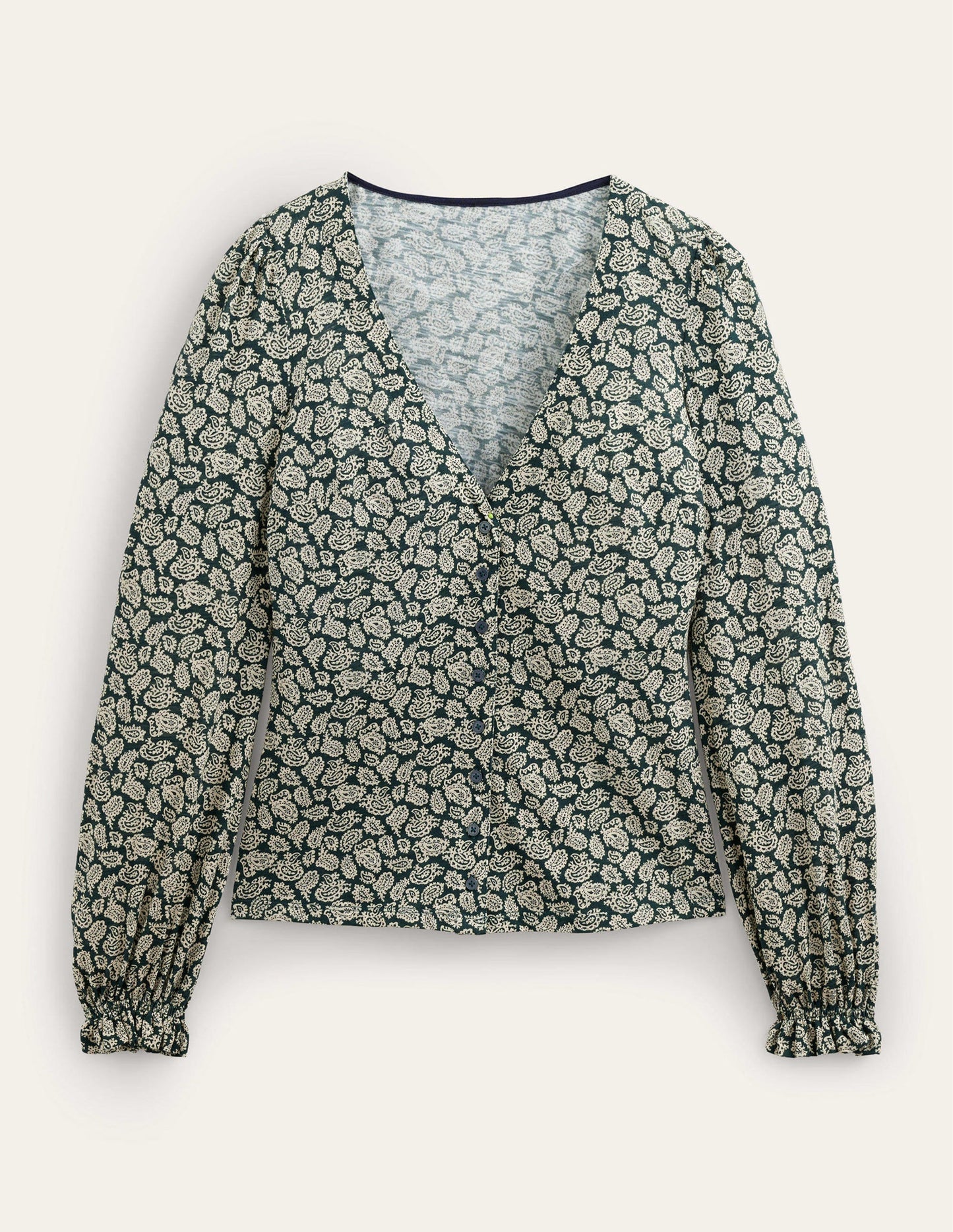 Button Front V-Neck Top-Cavelo Nero, Paisley Pop