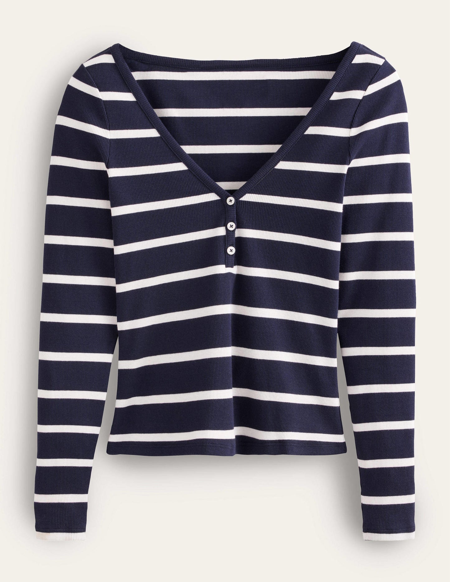 Henley Ribbed Top-Navy, Ivory