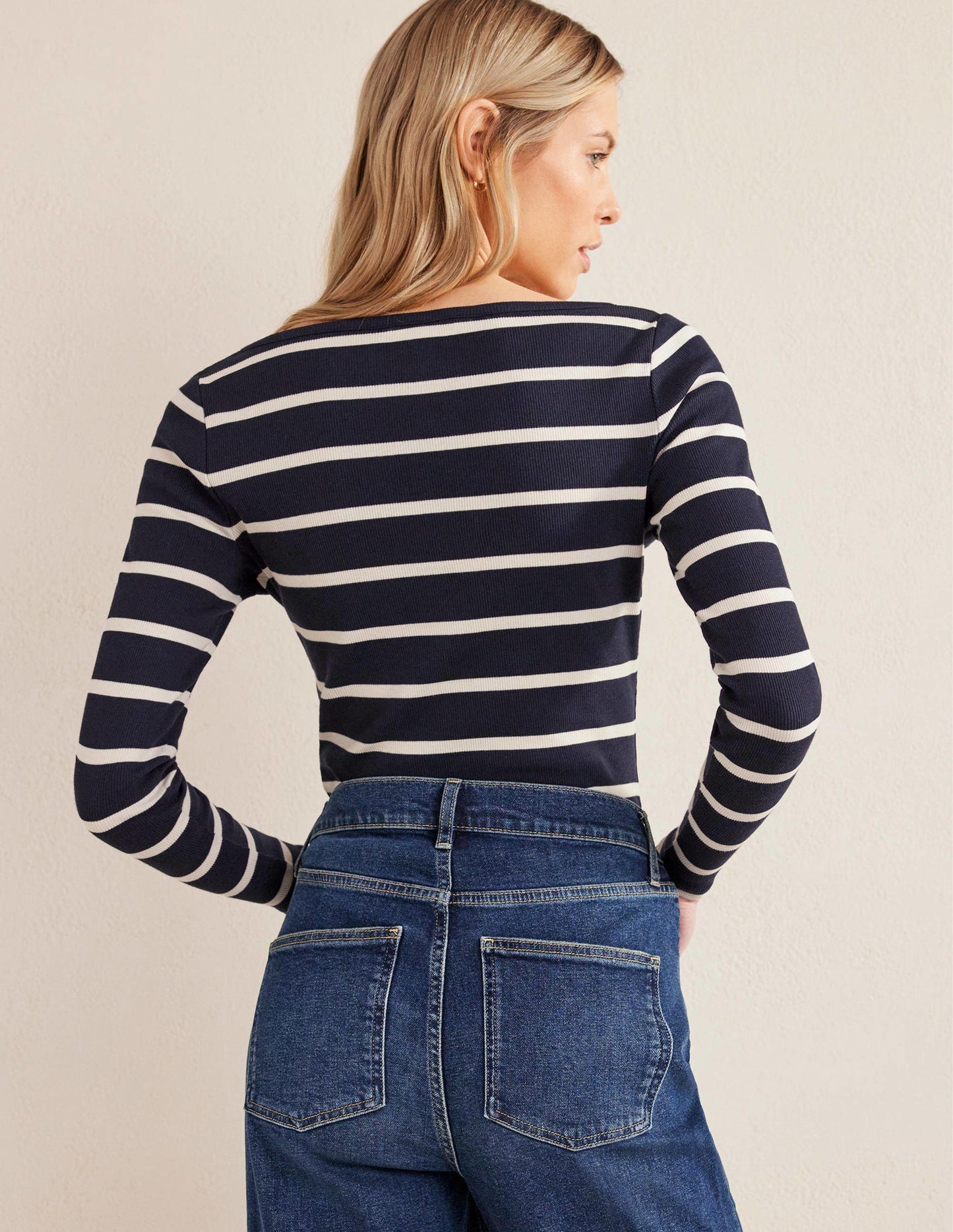 Henley Ribbed Top-Navy, Ivory