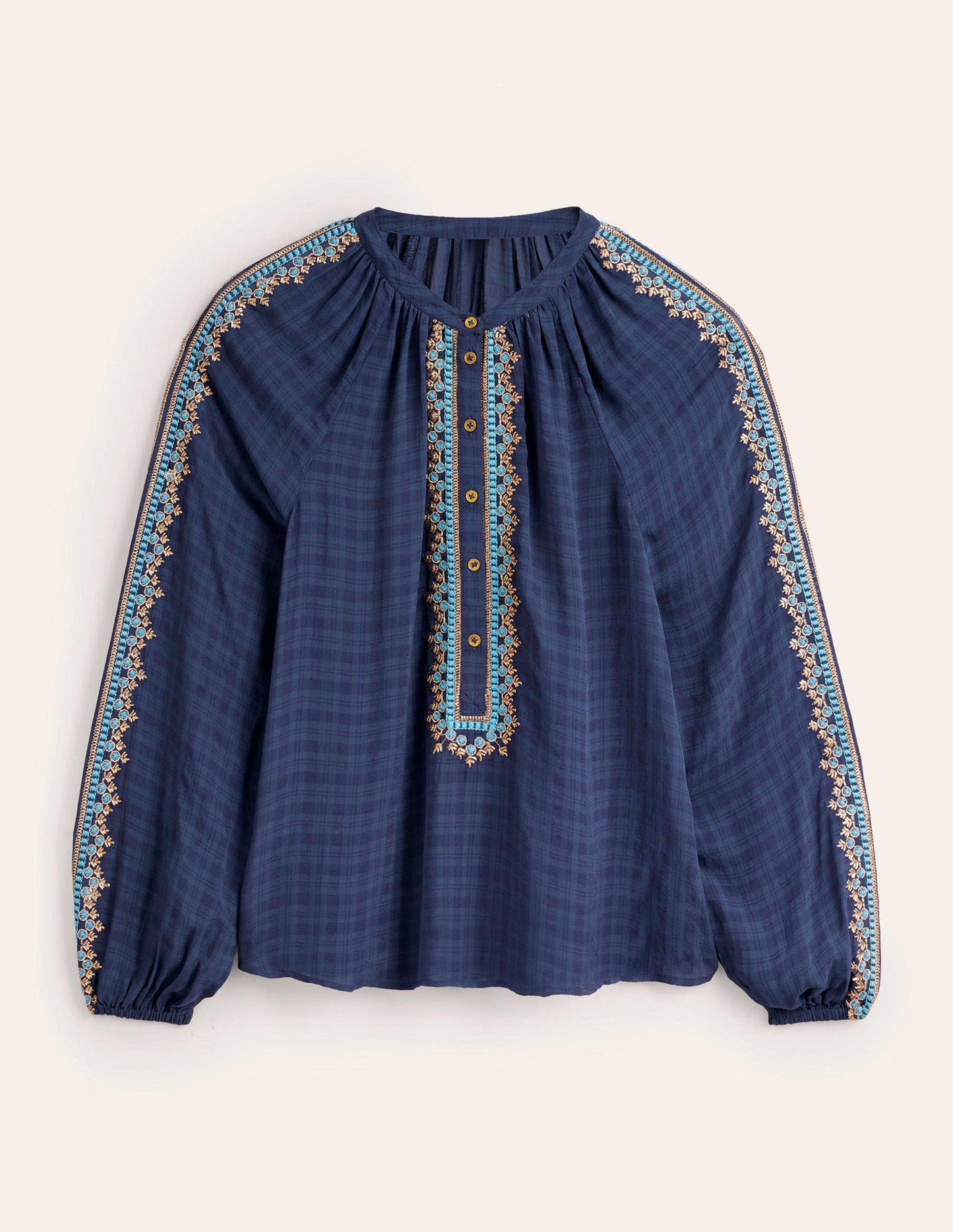Embroidered Popover Blouse-Navy